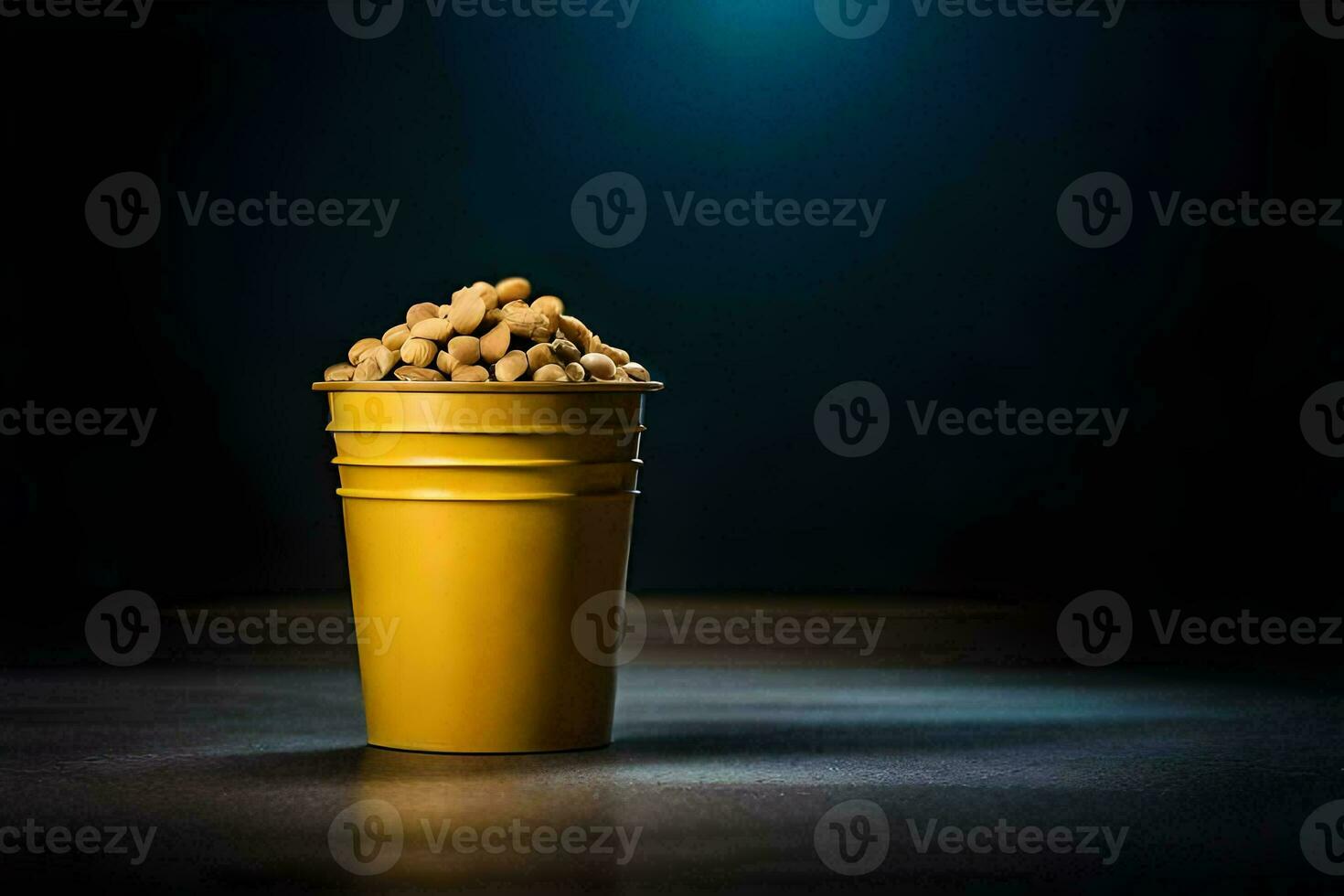 a yellow cup filled with peanuts on a dark background. AI-Generated photo