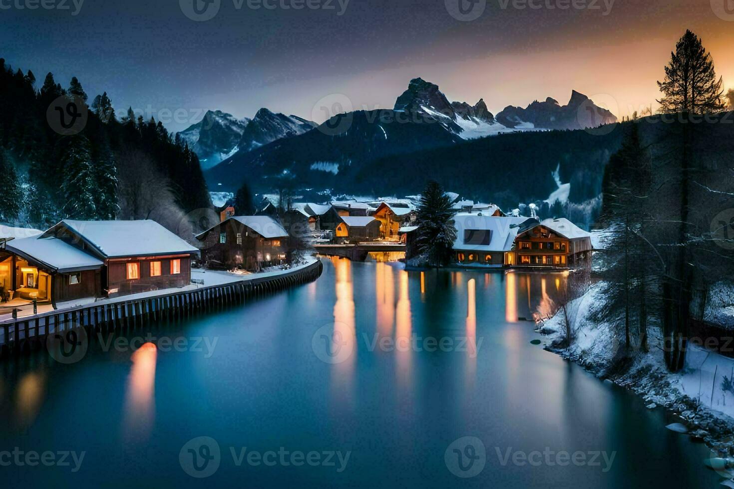 a river and a mountain village at sunset. AI-Generated photo