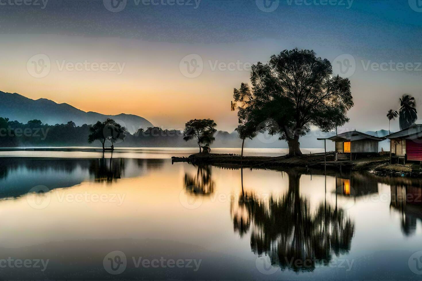 a lake with a house and trees at sunset. AI-Generated photo