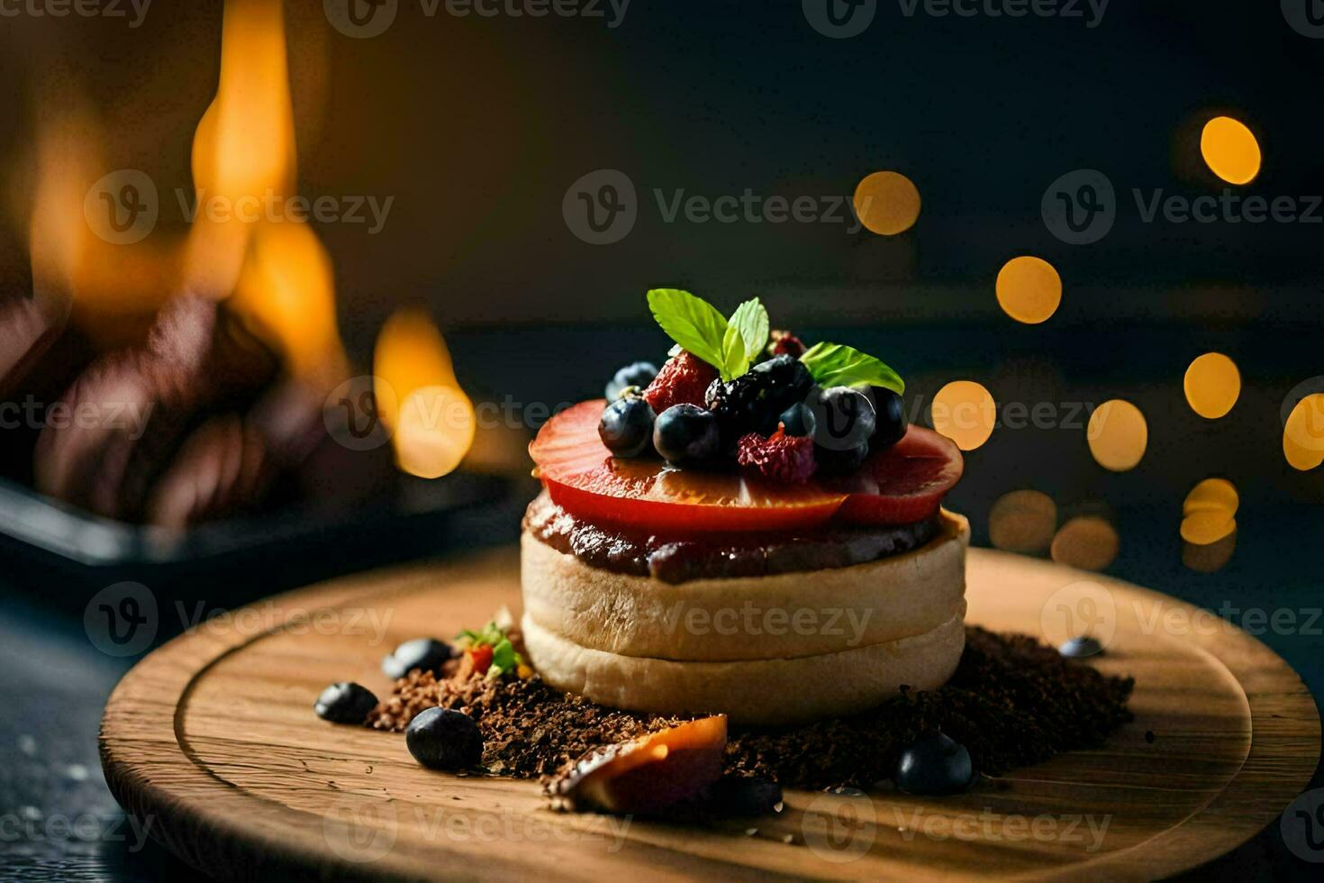 a dessert with berries and chocolate on a wooden plate. AI-Generated photo