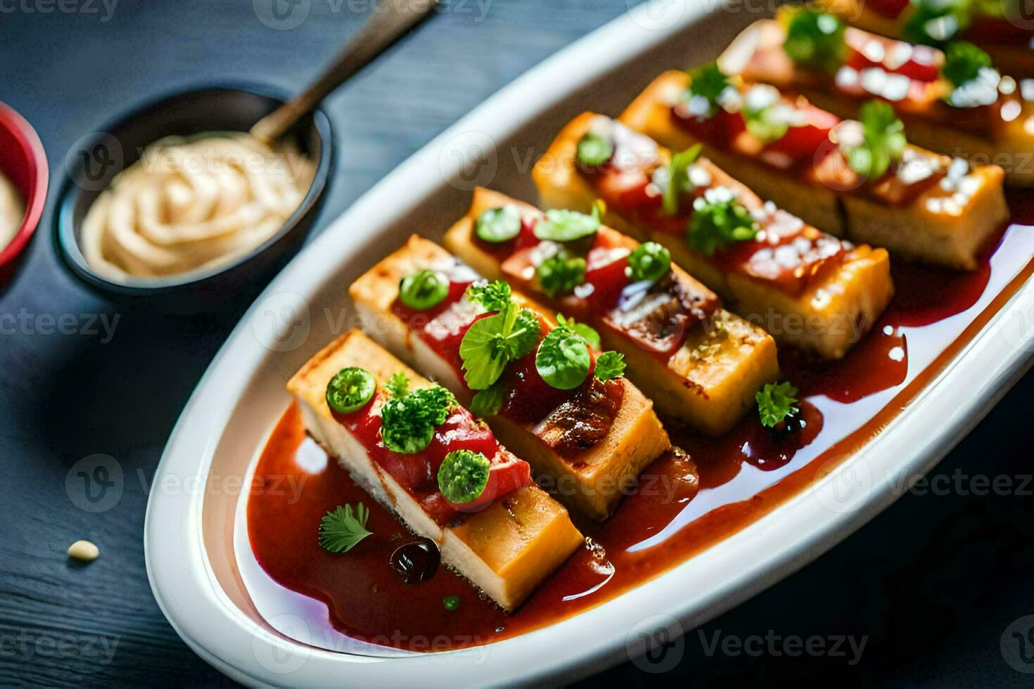 a plate of tofu with sauce and garnish. AI-Generated photo