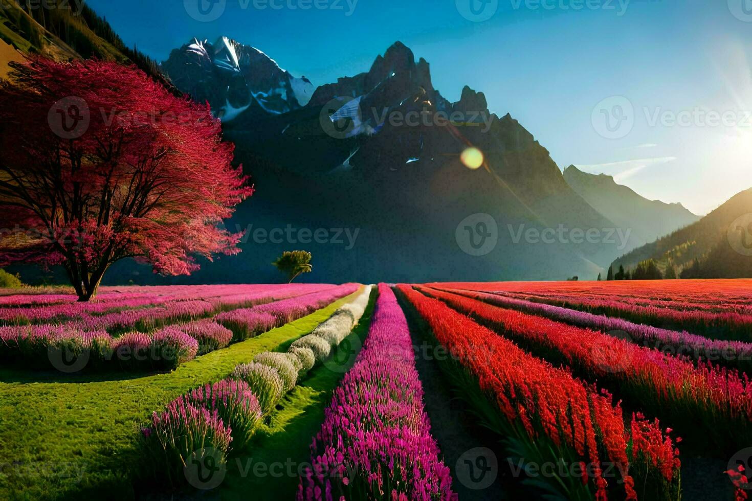 a field of flowers with mountains in the background. AI-Generated photo