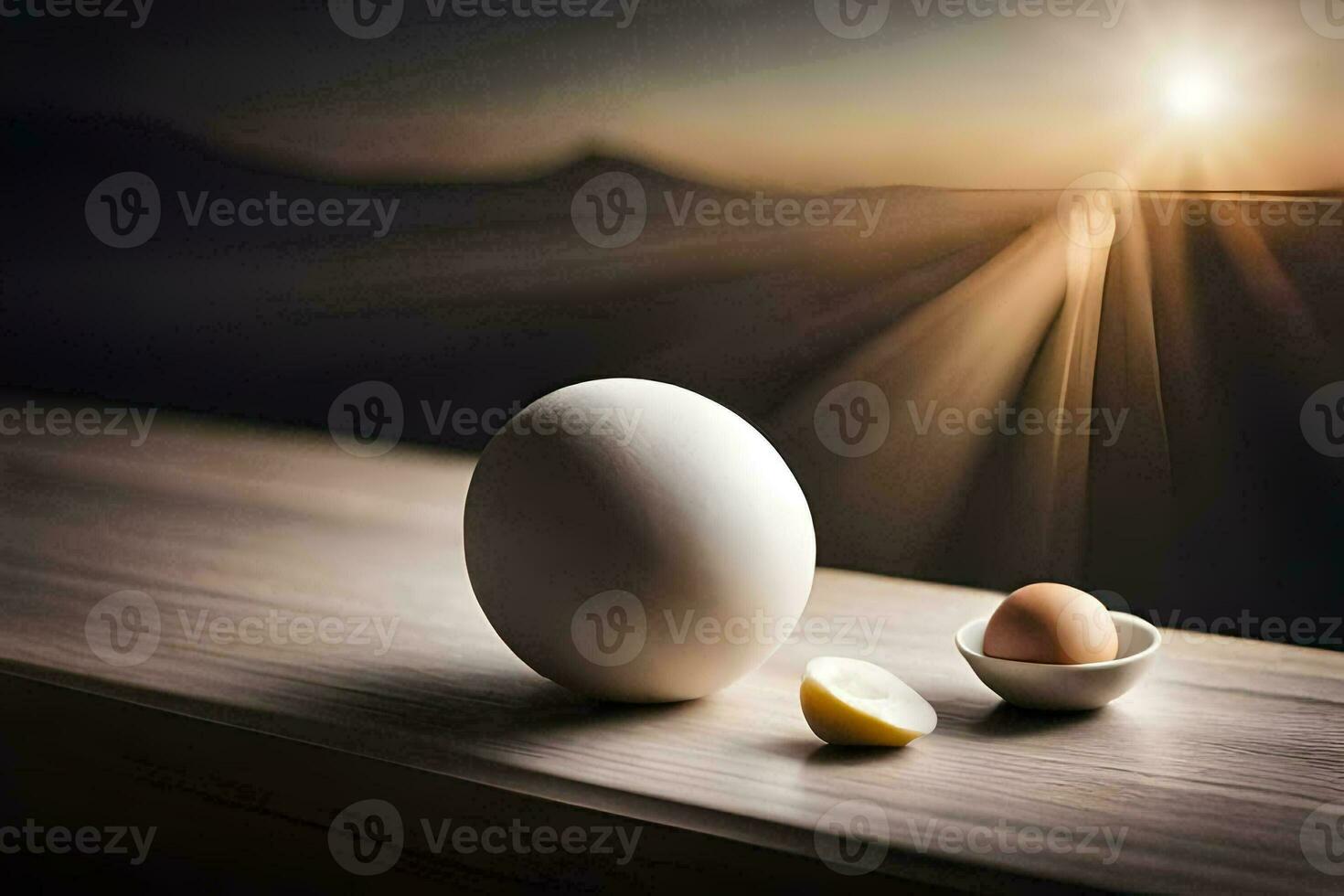 eggs and a bowl of water on a table. AI-Generated photo