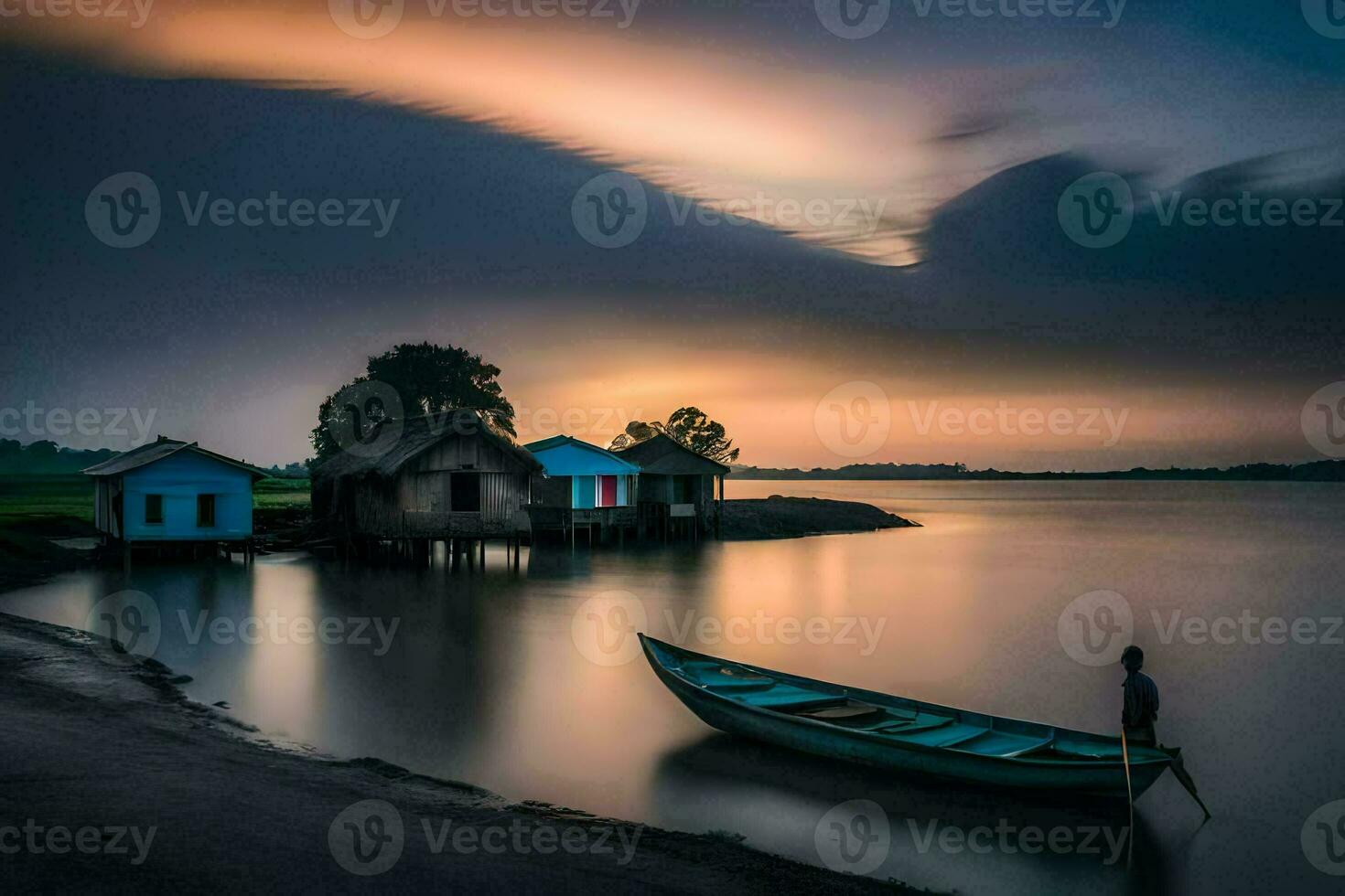 a man stands on the shore of a lake with a boat. AI-Generated photo