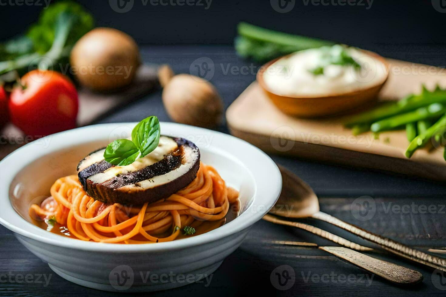 spaghetti with eggplant and tomatoes. AI-Generated photo