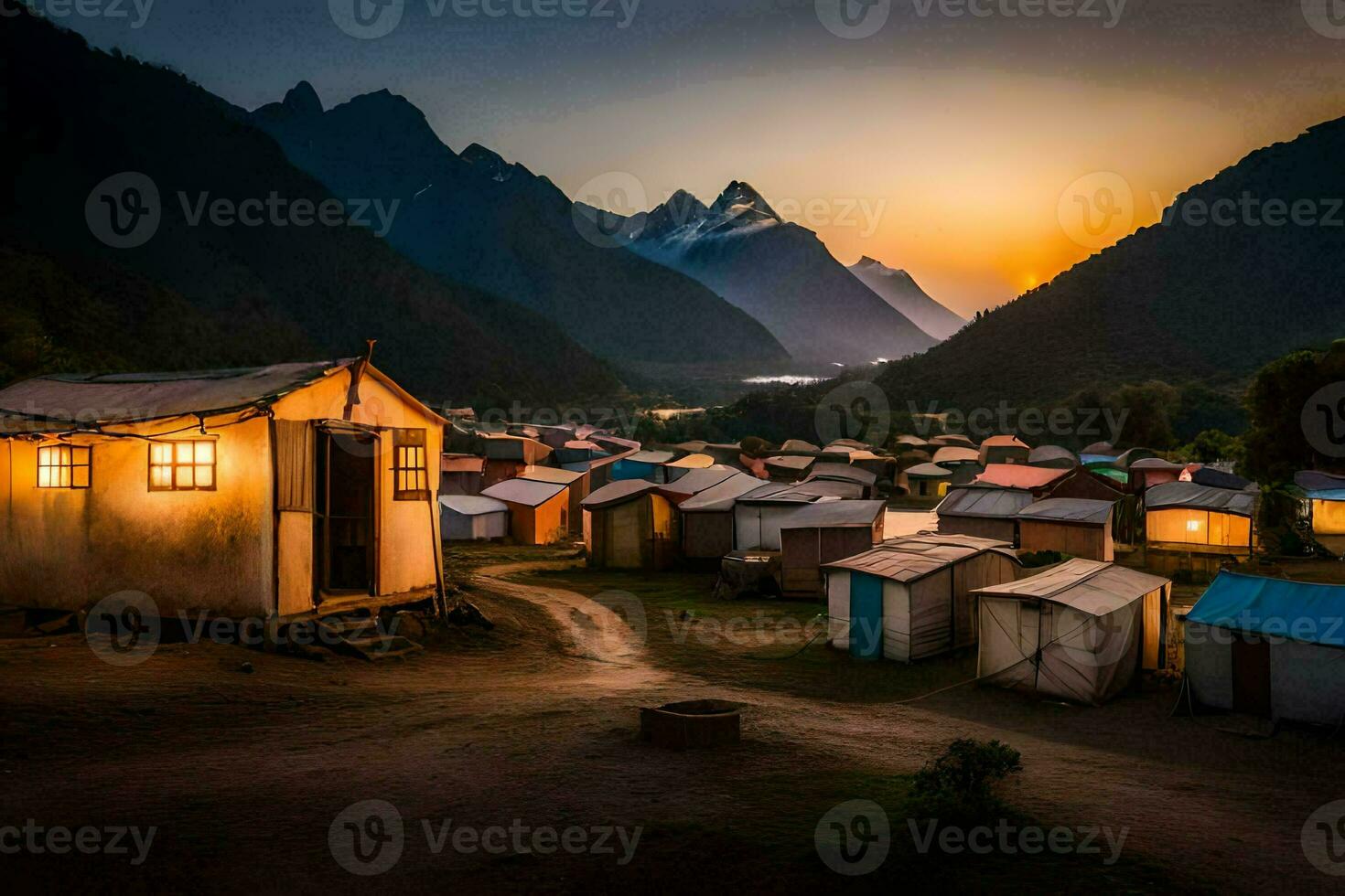 a small village at sunset with mountains in the background. AI-Generated photo