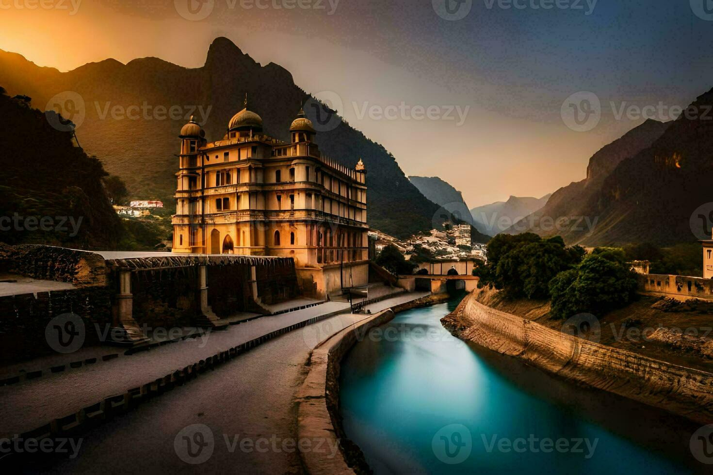 the sun sets over a river in front of a building. AI-Generated photo