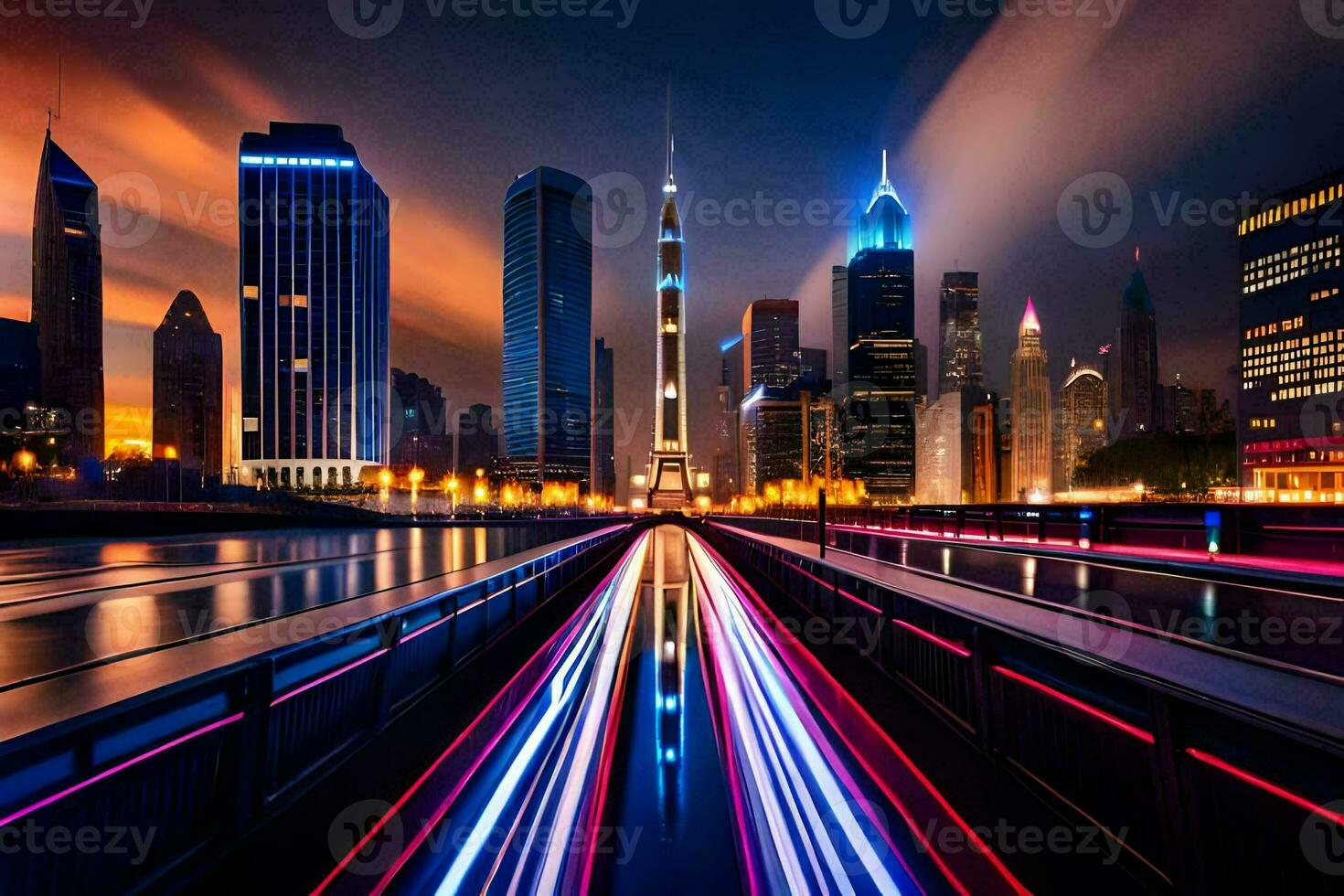 a city skyline at night with lights on the road. AI-Generated photo