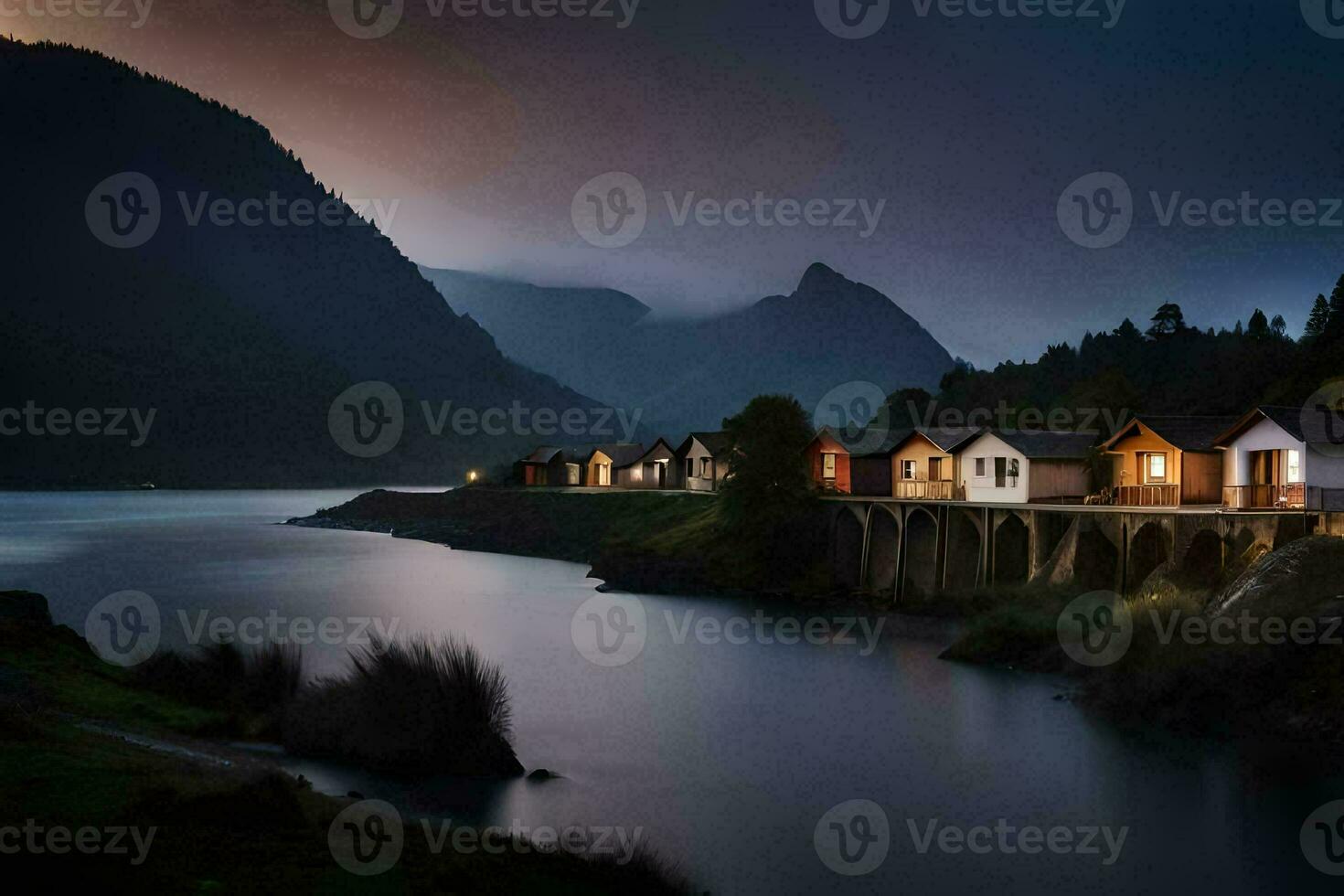a river and houses in the mountains at night. AI-Generated photo
