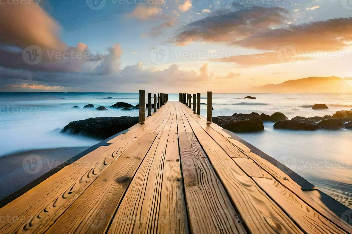 a wooden pier stretches out into the ocean at sunset. AI-Generated photo