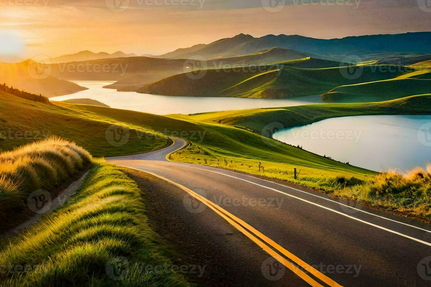 a scenic road winding through a green valley with a lake and mountains. AI-Generated photo
