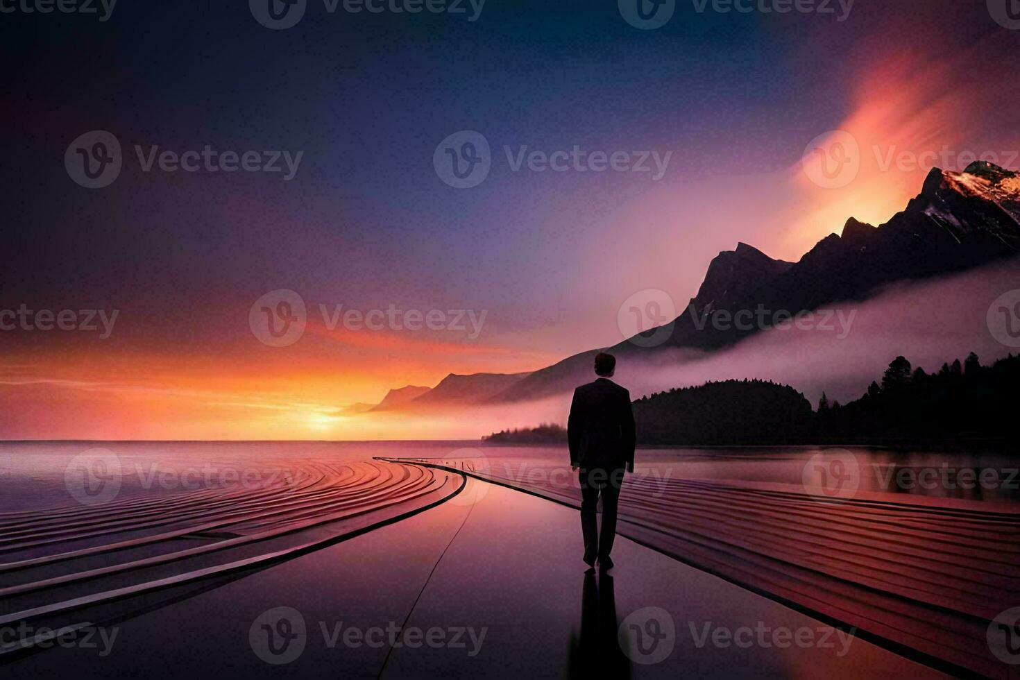 a man standing on a dock looking at the sunset. AI-Generated photo