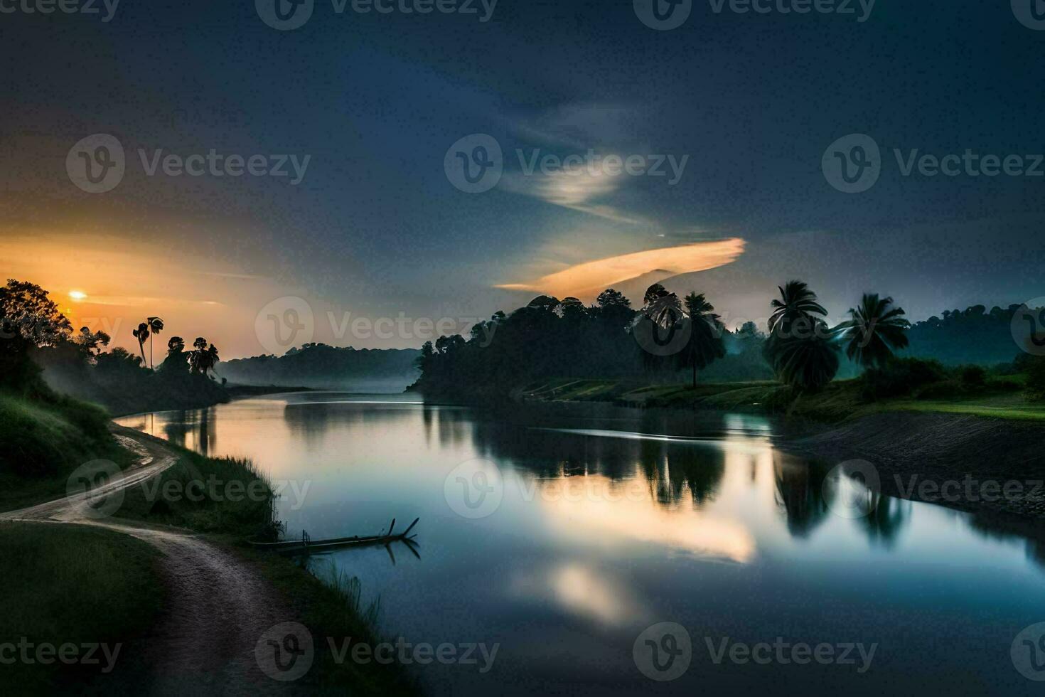 a river at sunset with trees and grass. AI-Generated photo