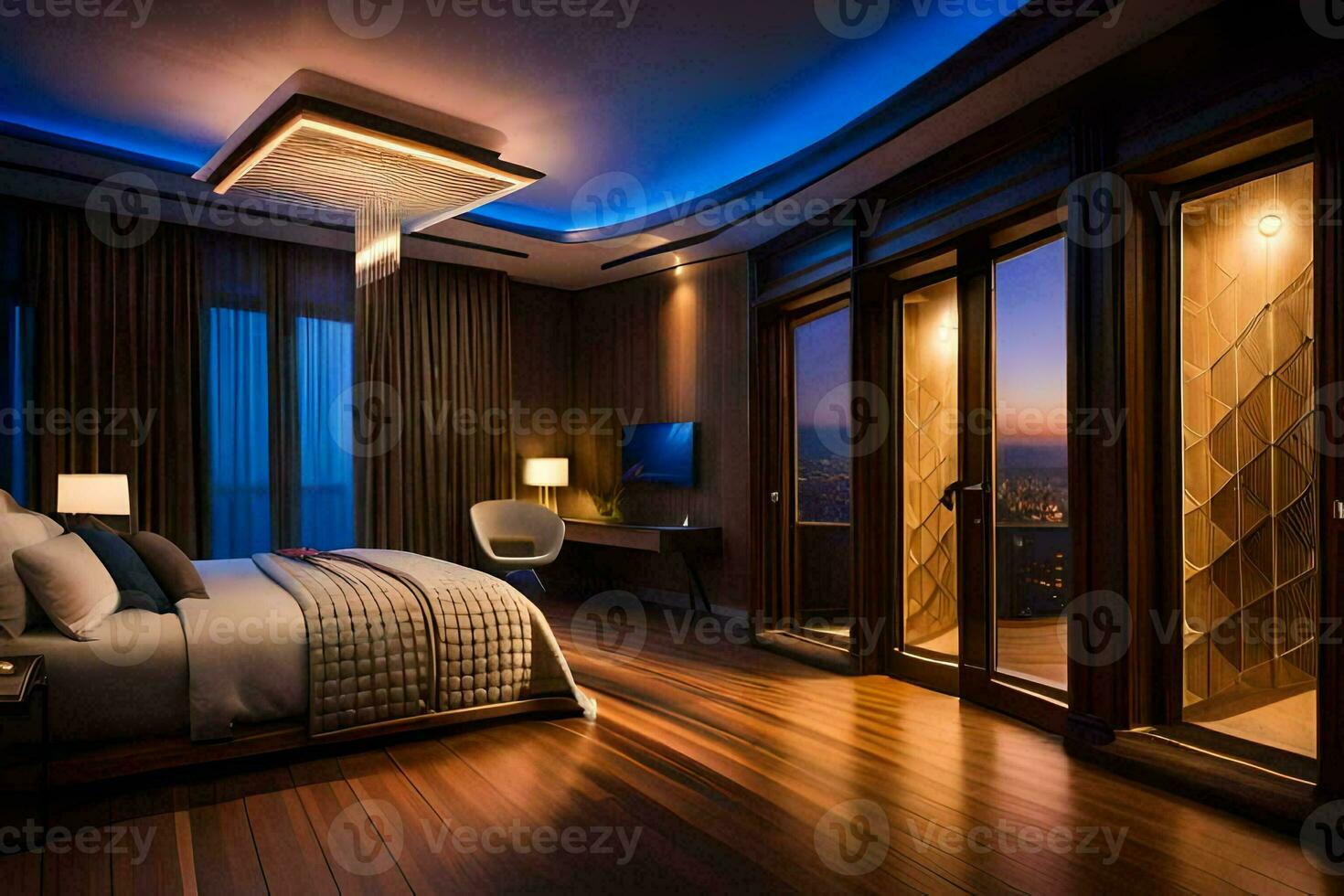 a bedroom with a large bed and a view of the city. AI-Generated photo