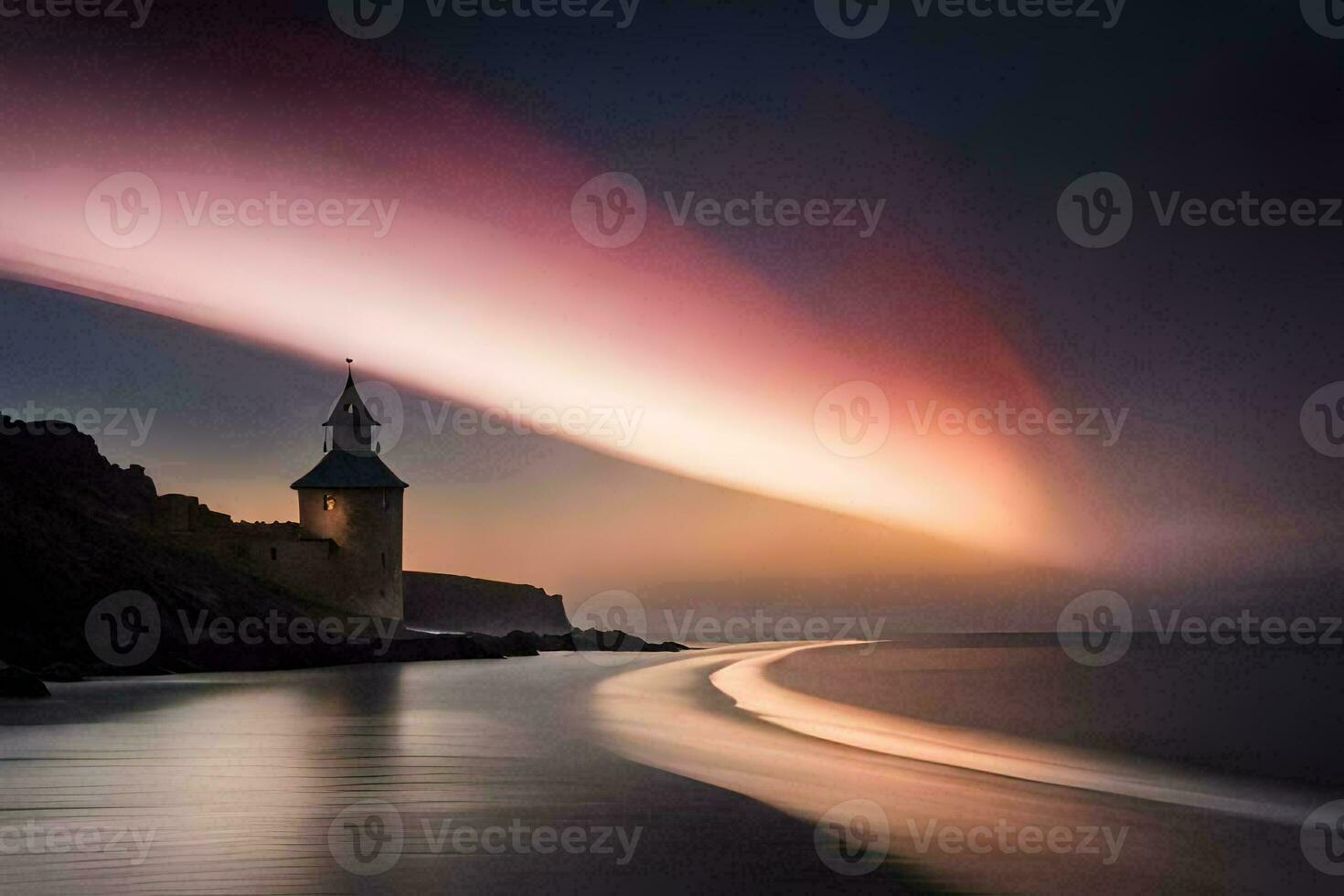 a lighthouse is seen in the distance at sunset. AI-Generated photo