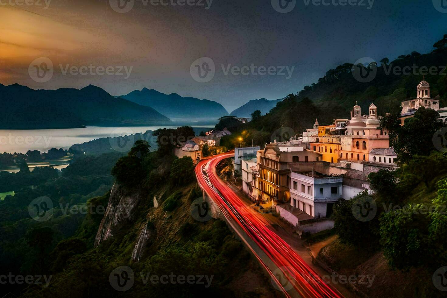 a city with a mountain view and a road. AI-Generated photo