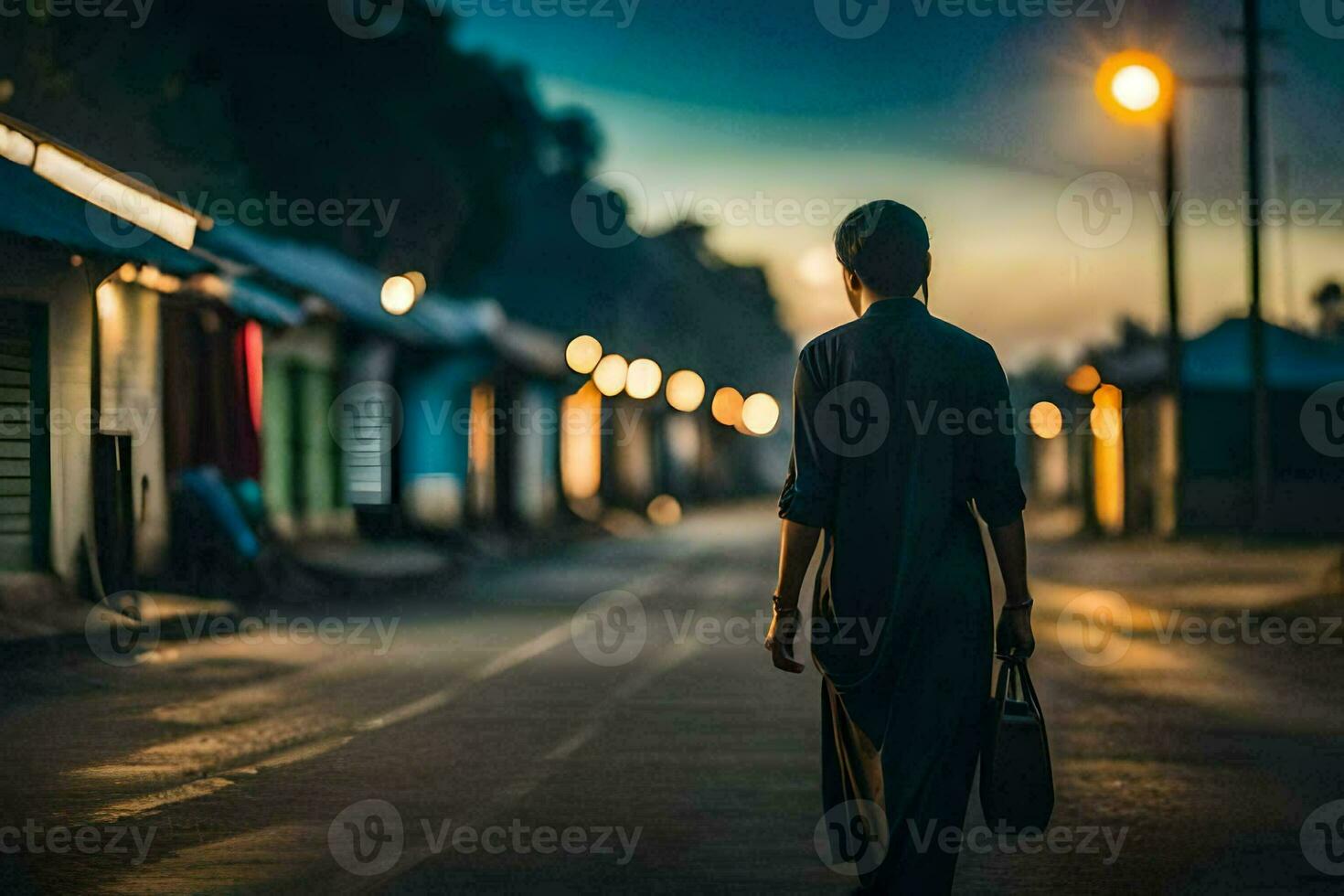 a woman walks down a street at night. AI-Generated photo