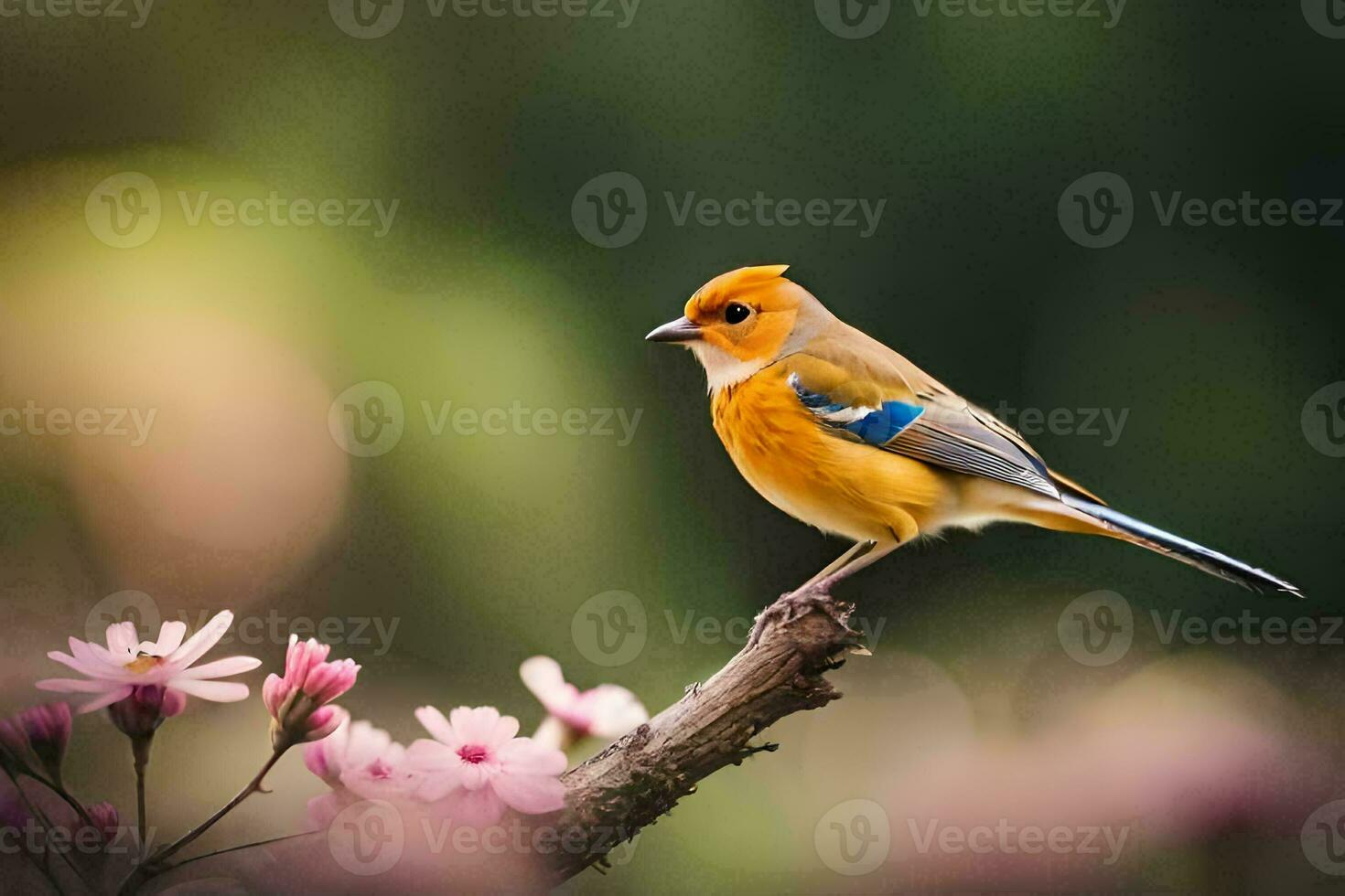 un pájaro es encaramado en un rama con rosado flores generado por ai foto