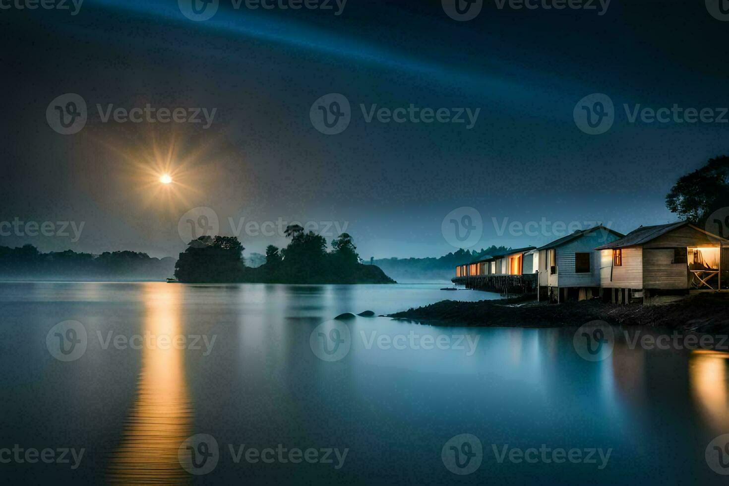 a boat house on the water at night. AI-Generated photo