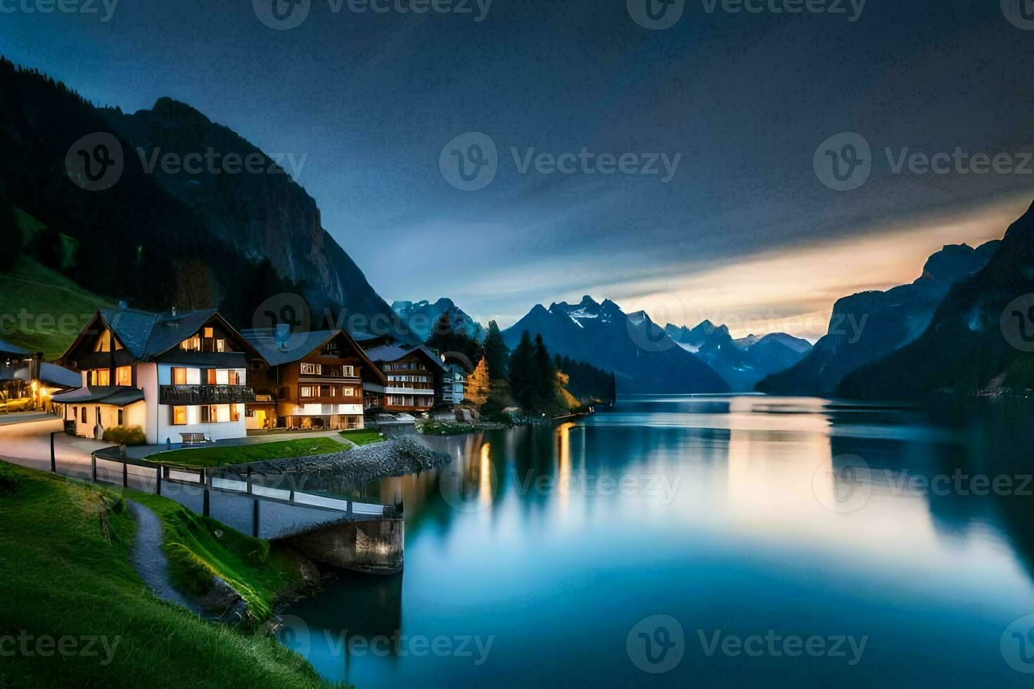 a lake and mountain village at dusk. AI-Generated photo
