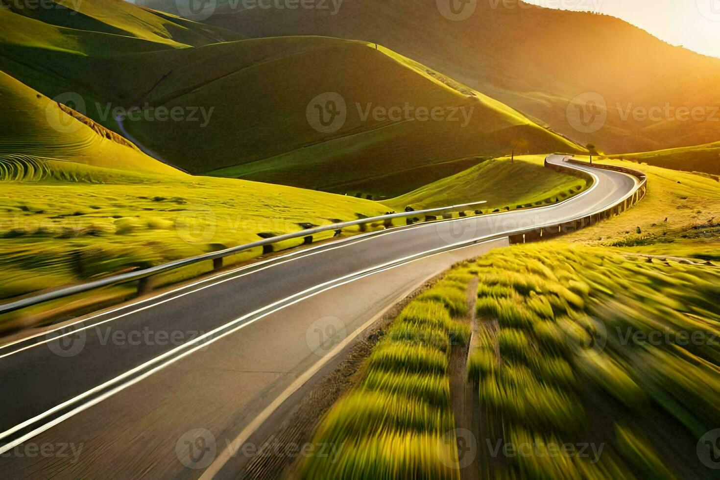a winding road in the mountains with the sun setting. AI-Generated photo