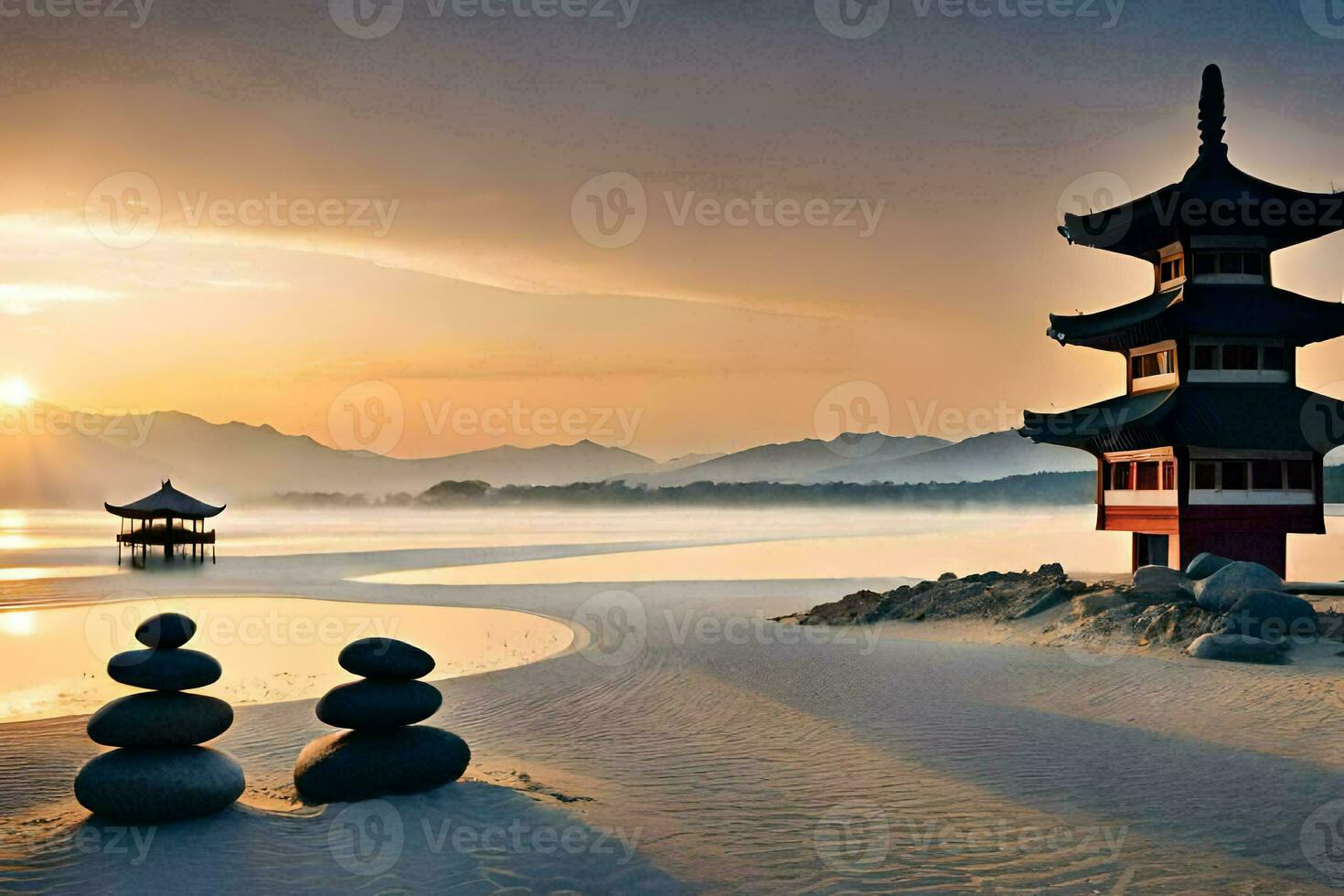 a pagoda sits on the beach at sunrise. AI-Generated photo