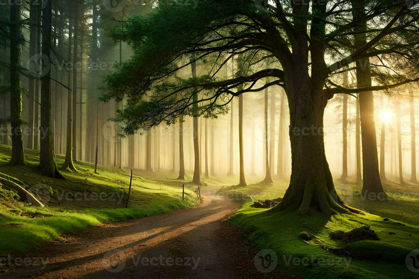 a path through a forest with trees and fog. AI-Generated photo