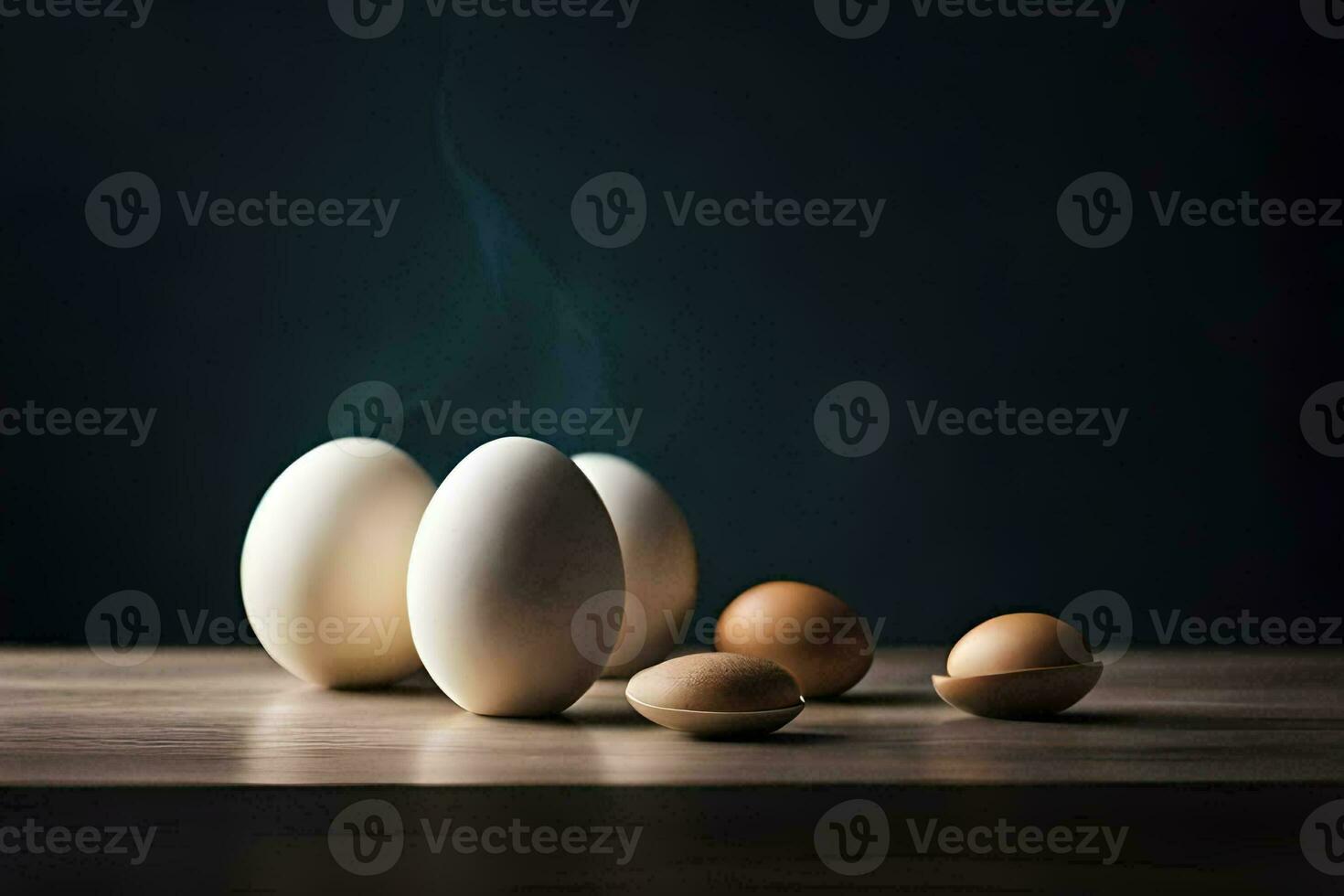 eggs on a table with smoke coming out of them. AI-Generated photo