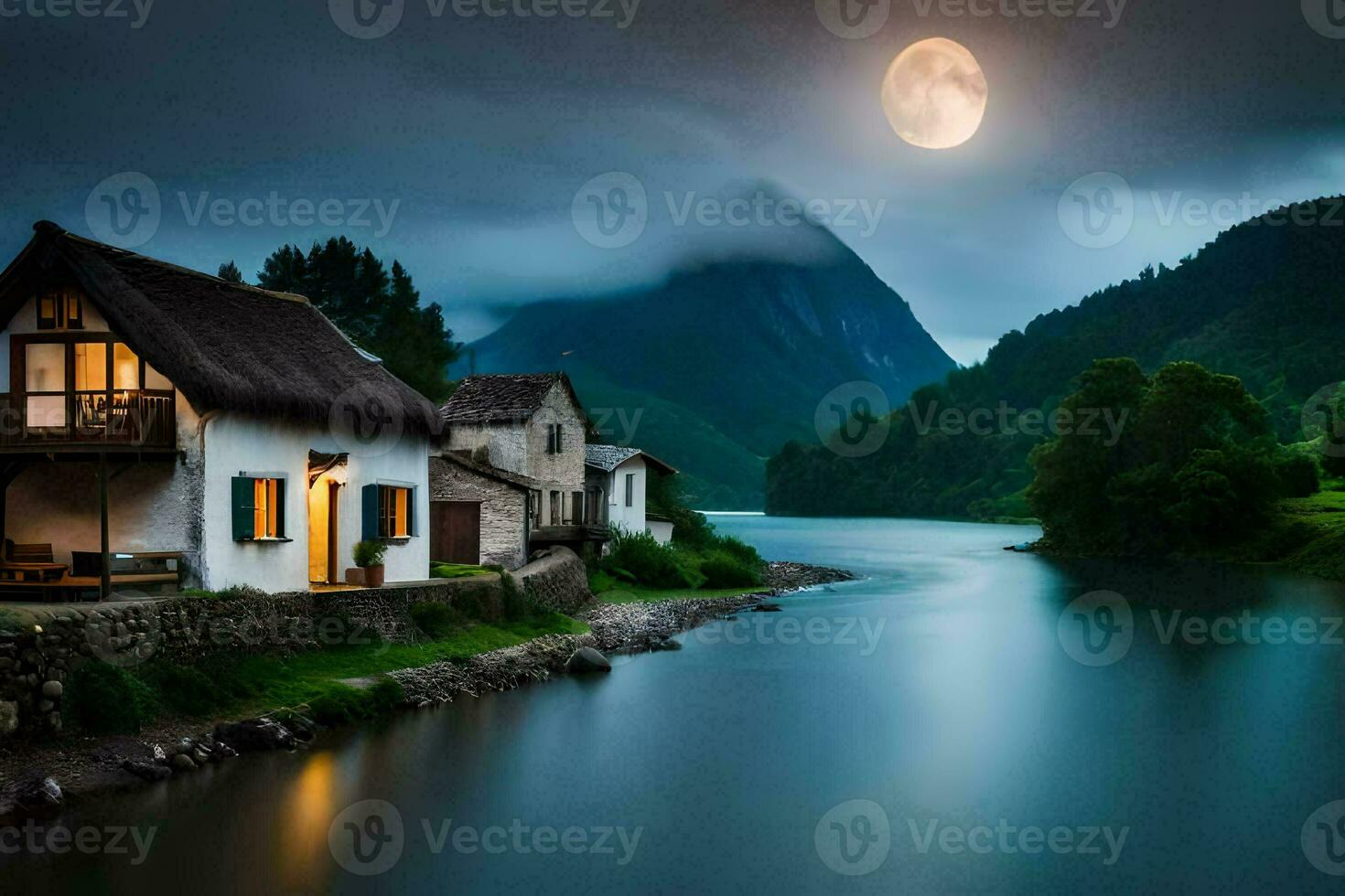 a house sits on the edge of a river with a full moon. AI-Generated photo