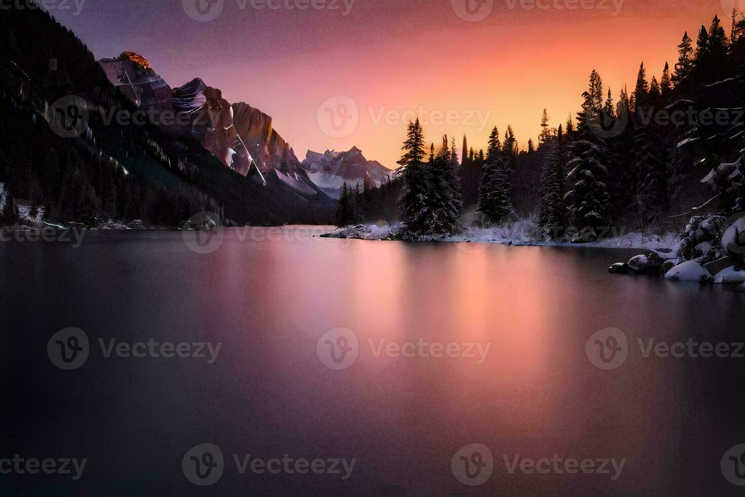 a beautiful sunset over a lake in the mountains. AI-Generated photo