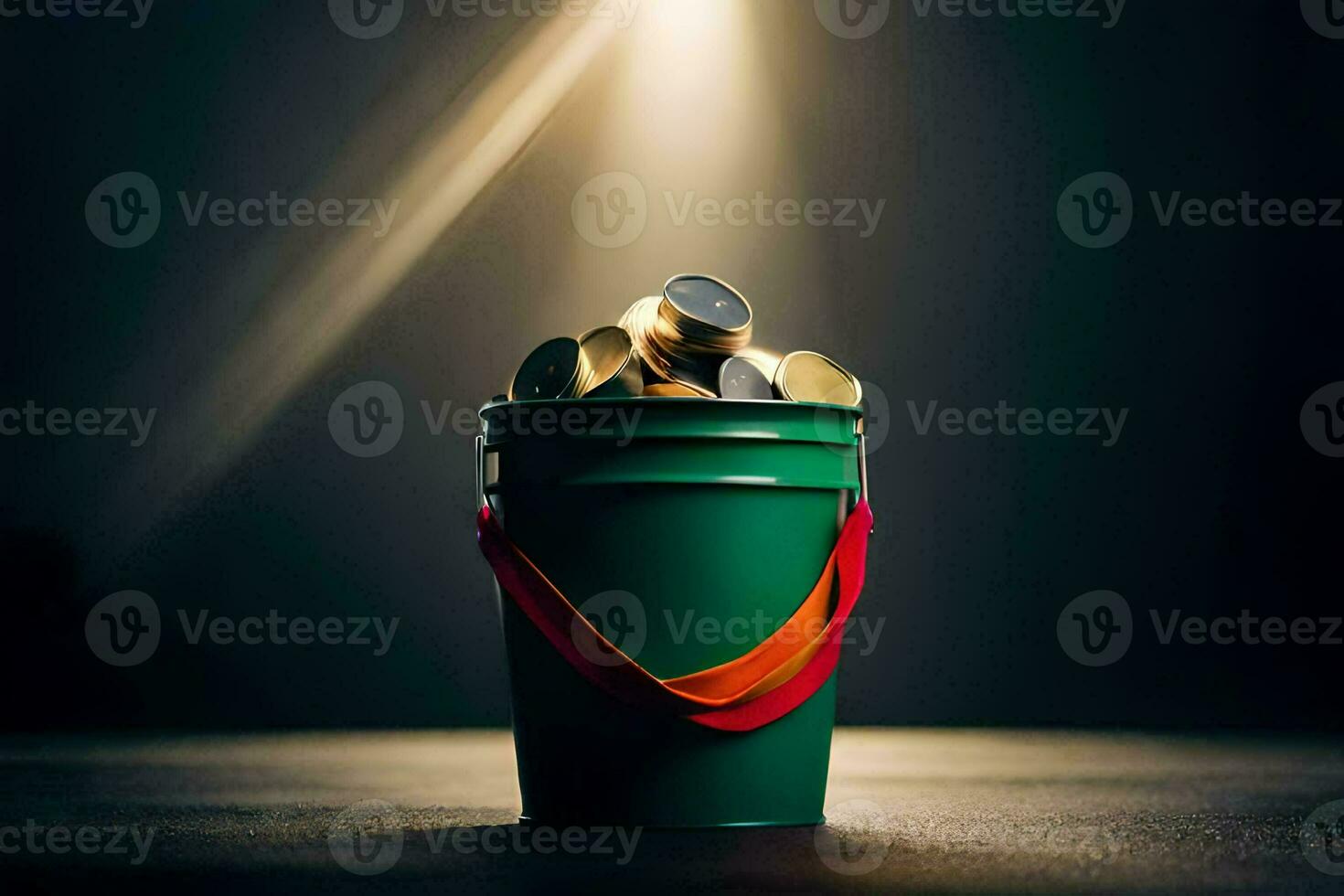 a bucket filled with coins on a dark table. AI-Generated photo