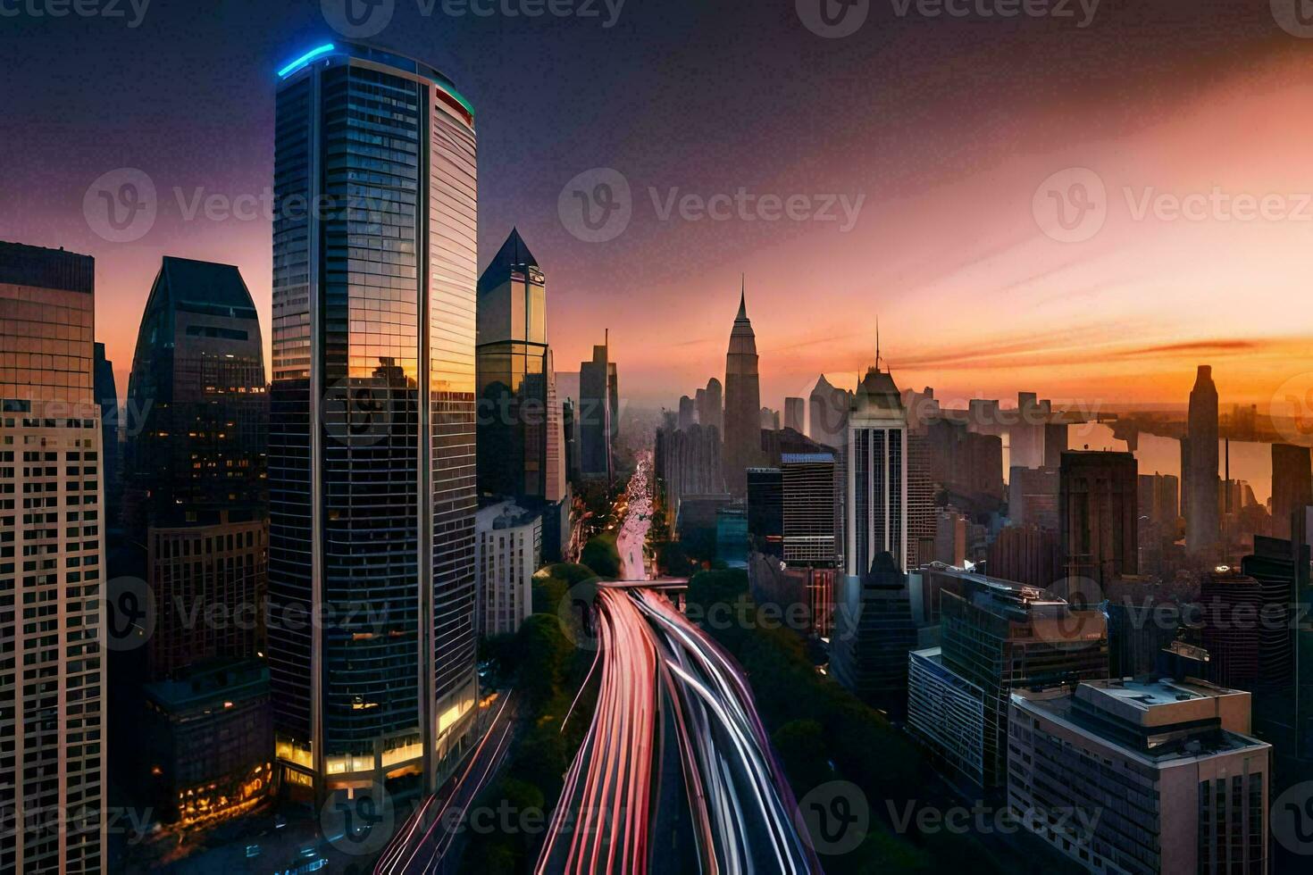 the city skyline at sunset with traffic lights. AI-Generated photo