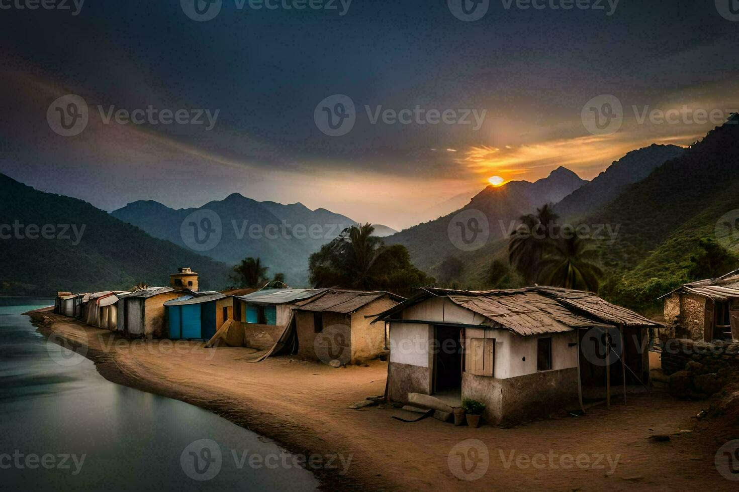a small village sits on the shore of a river. AI-Generated photo