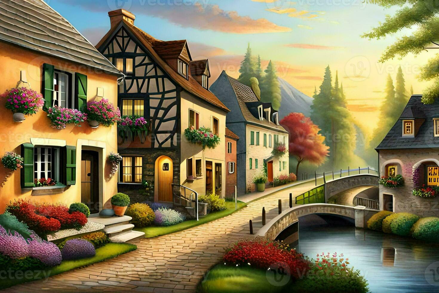 a painting of a village street with houses and flowers. AI-Generated photo