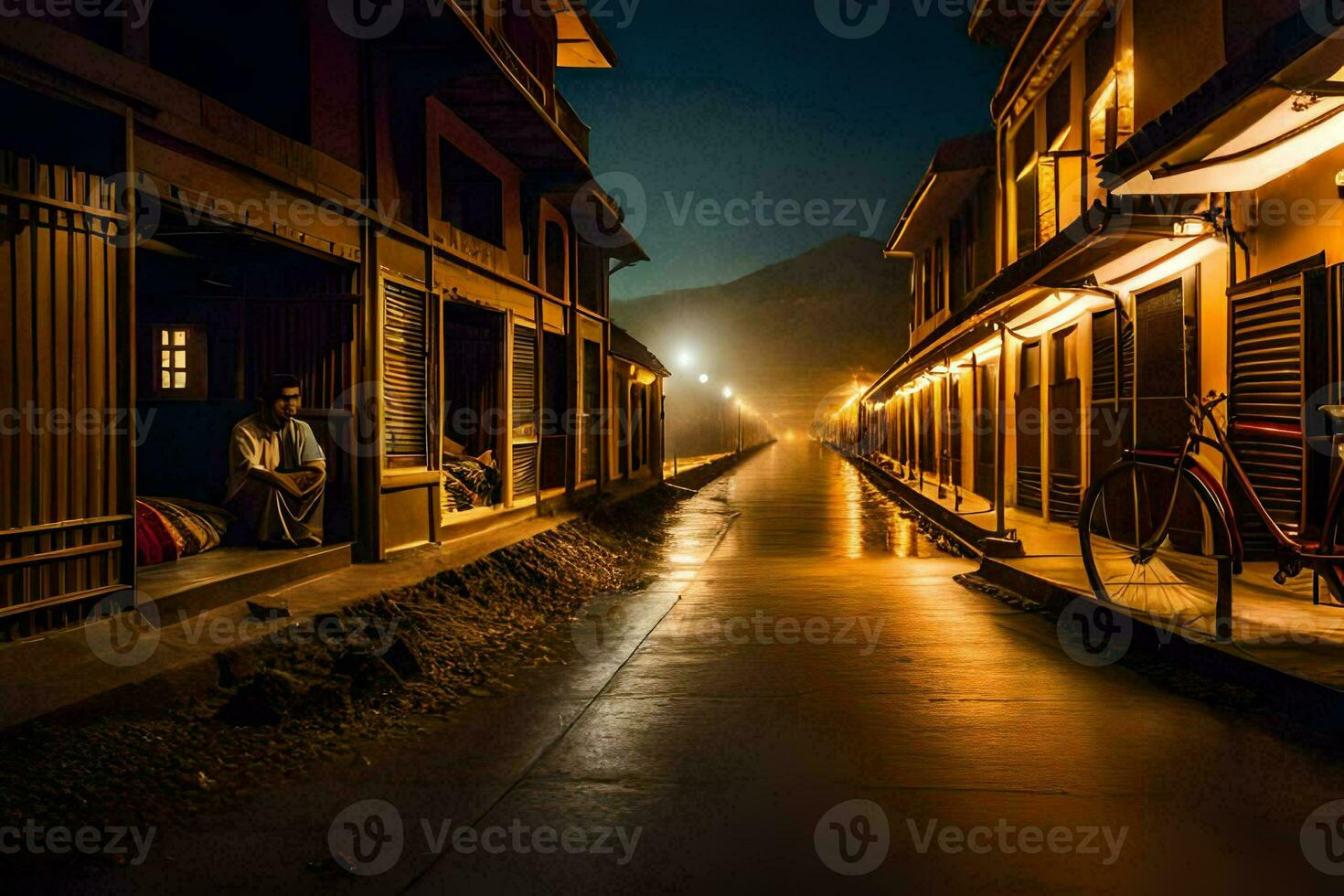a man sits on the side of a street at night. AI-Generated photo