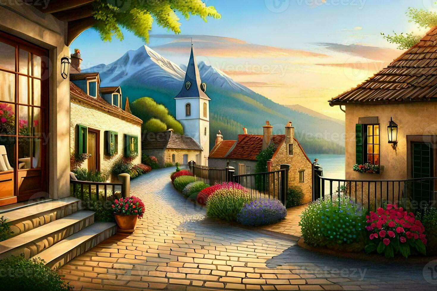a painting of a village street with flowers and houses. AI-Generated photo