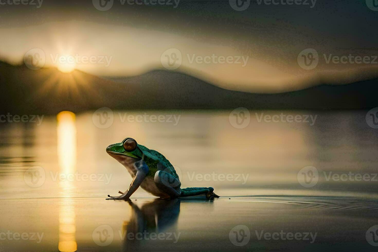 a frog sitting on the edge of a lake at sunset. AI-Generated photo