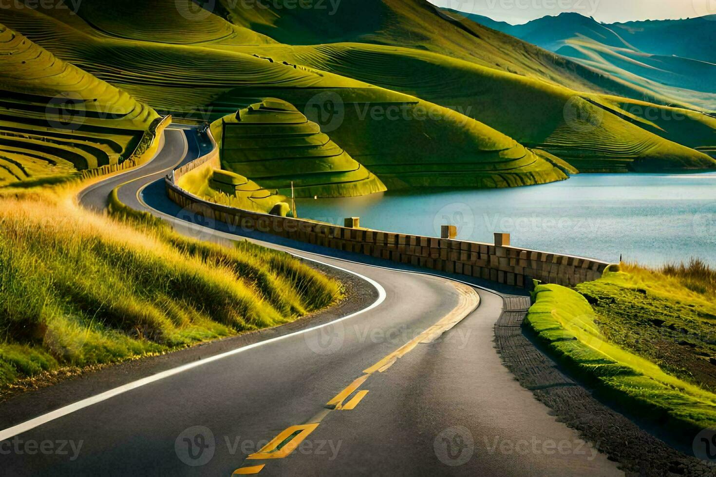 the road to the lake. AI-Generated photo
