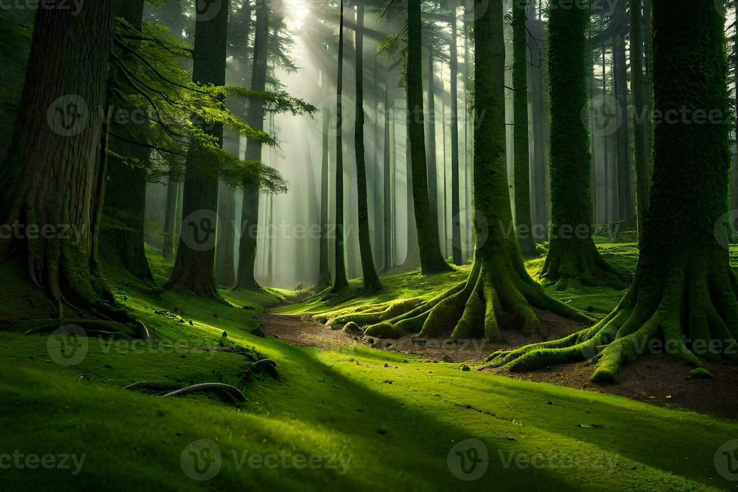 un bosque con arboles y luz de sol brillante a través de. generado por ai foto