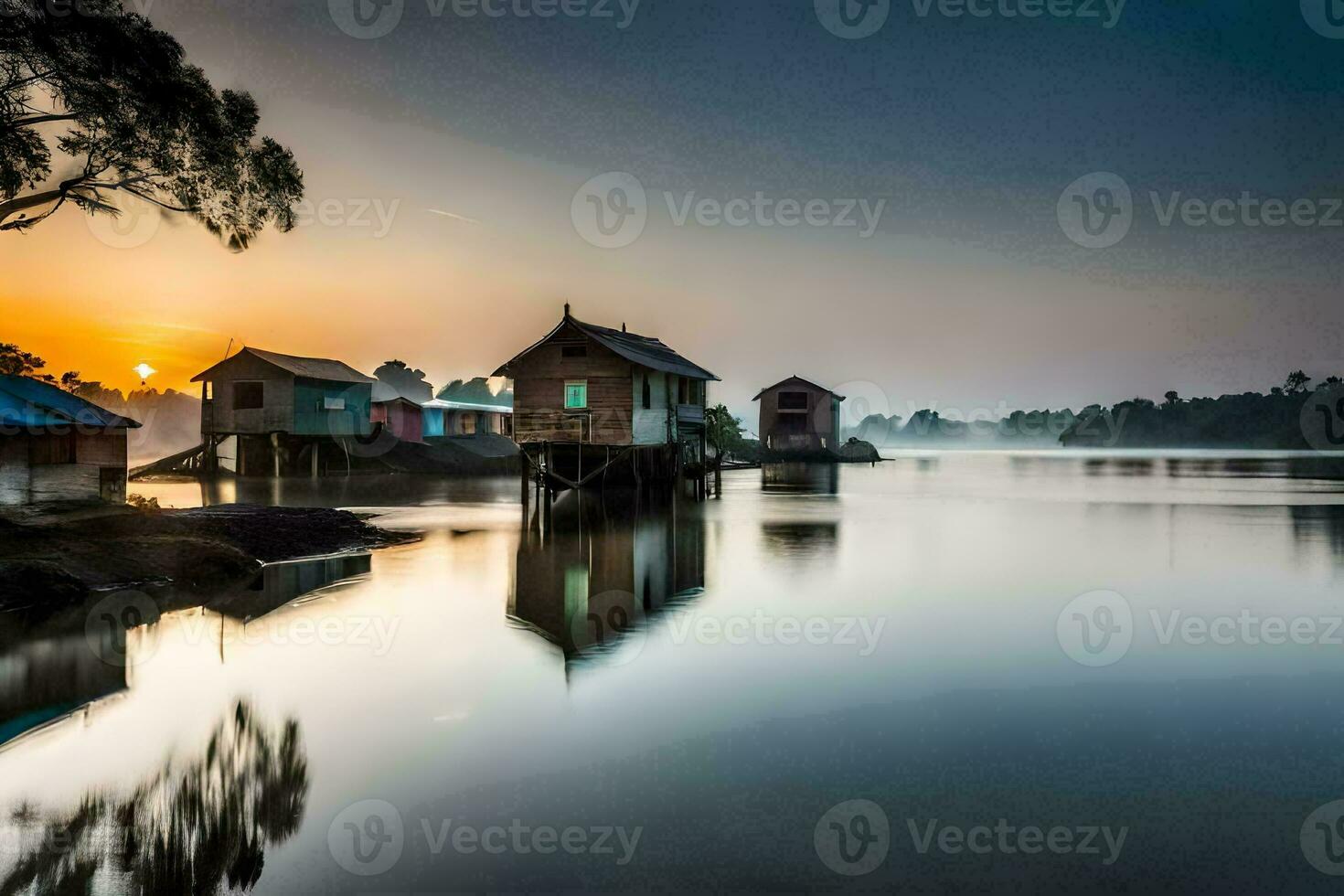 the sunrise over the water in a small village. AI-Generated photo