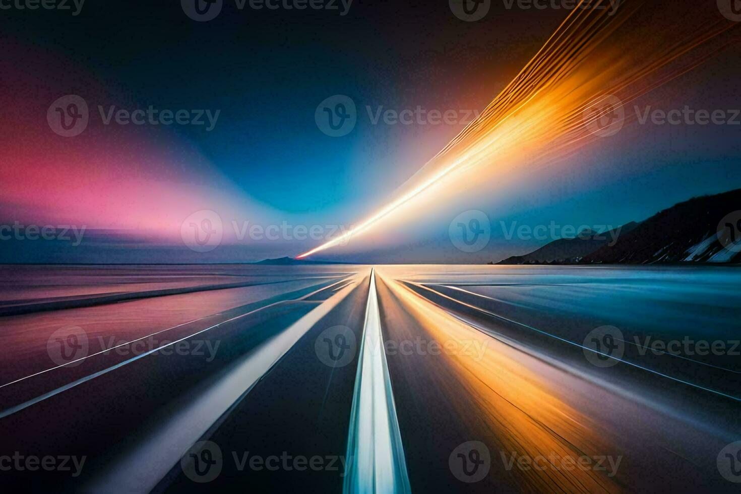 a long exposure photograph of a road with a bright light. AI-Generated photo