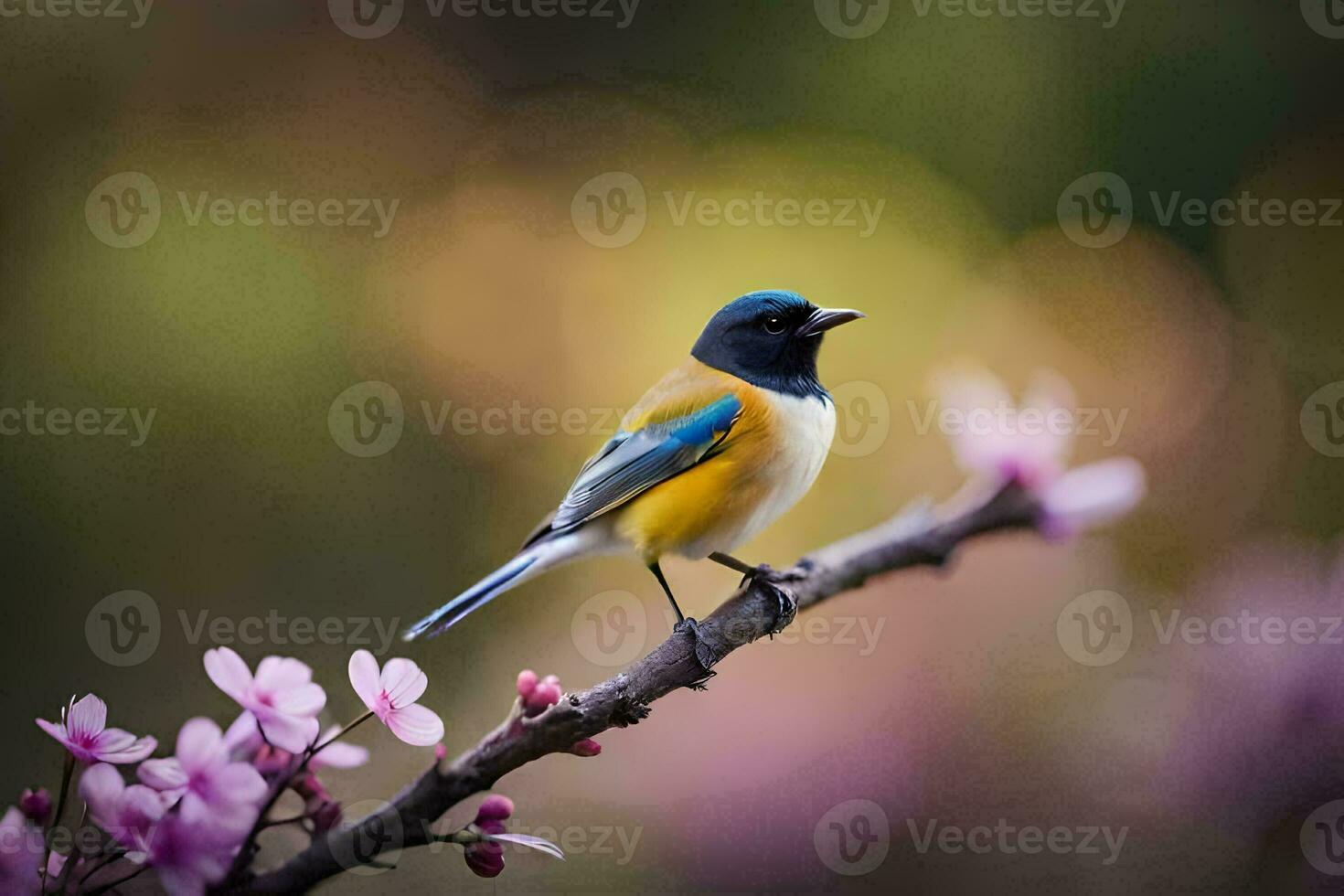 a bird sitting on a branch with pink flowers. AI-Generated photo