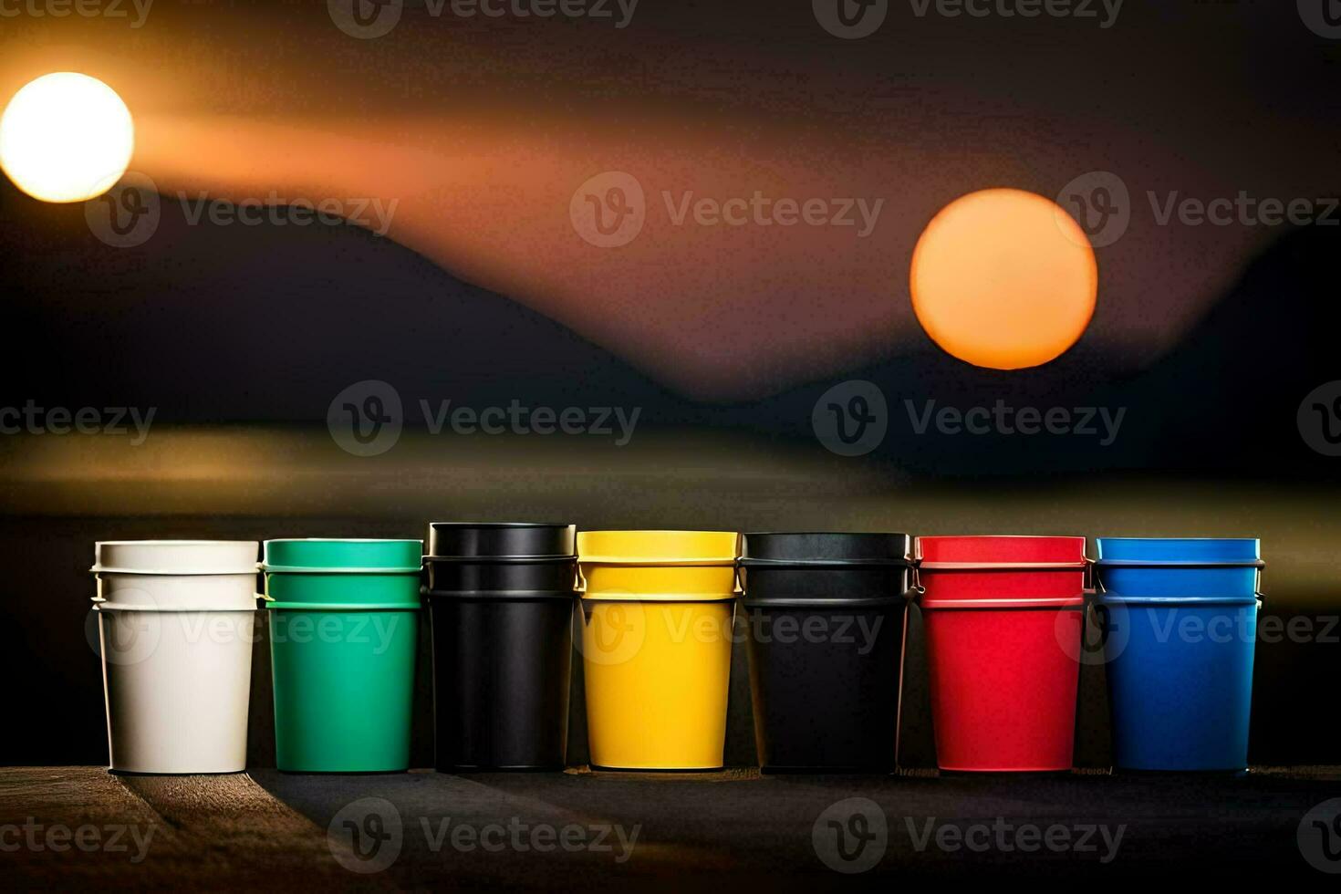 colorful cups lined up on a table with a sunset in the background. AI-Generated photo