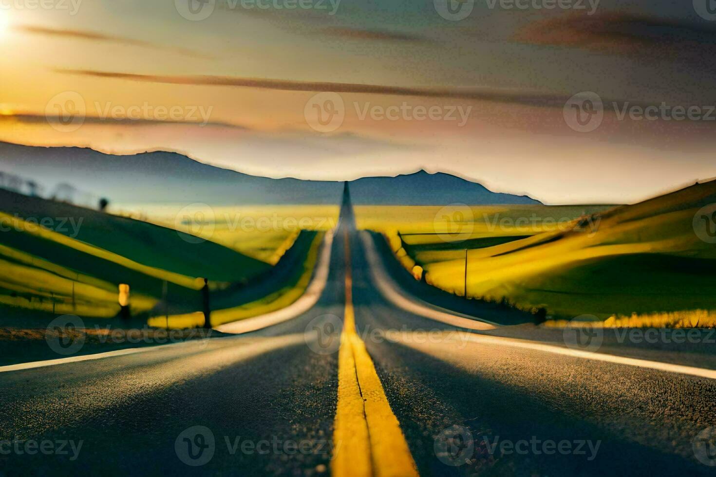 a long road with a sunset in the background. AI-Generated photo