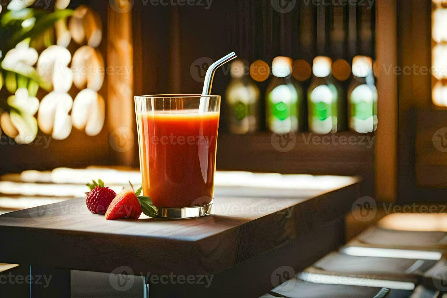 a glass of juice with strawberries on a wooden table. AI-Generated photo