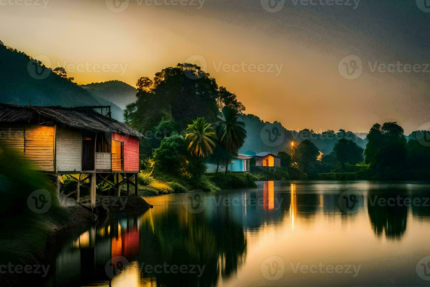 a house sits on the edge of a lake at sunset. AI-Generated photo