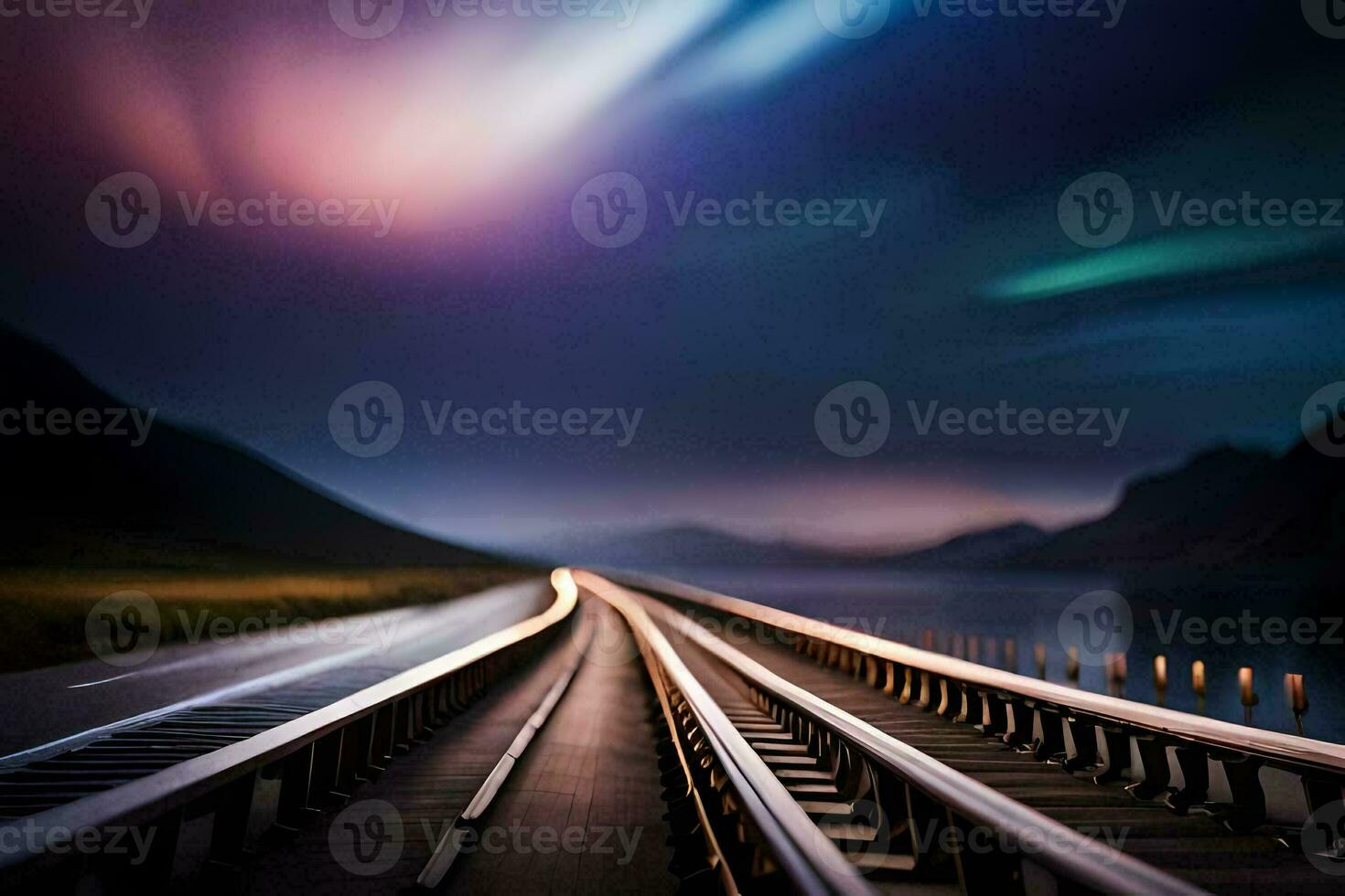 a train track with lights in the sky. AI-Generated photo