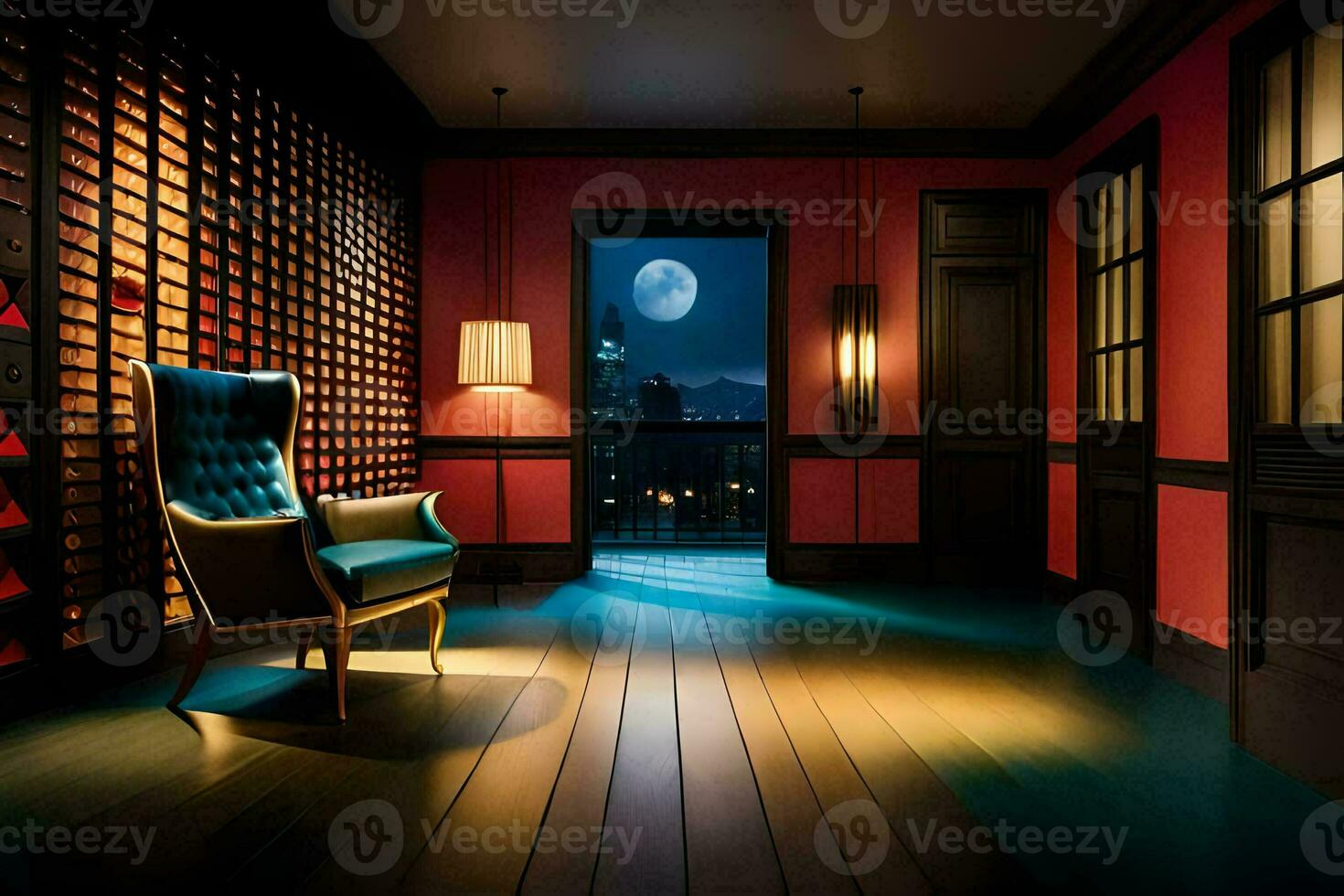 a chair in a room with red walls and a full moon. AI-Generated photo