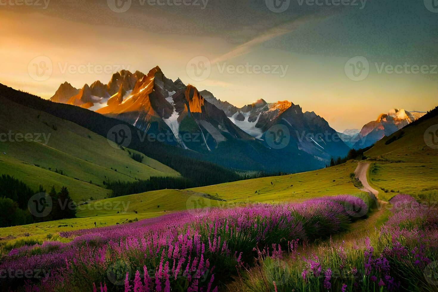 the road to the mountains, flowers, mountains, hd wallpaper. AI-Generated photo