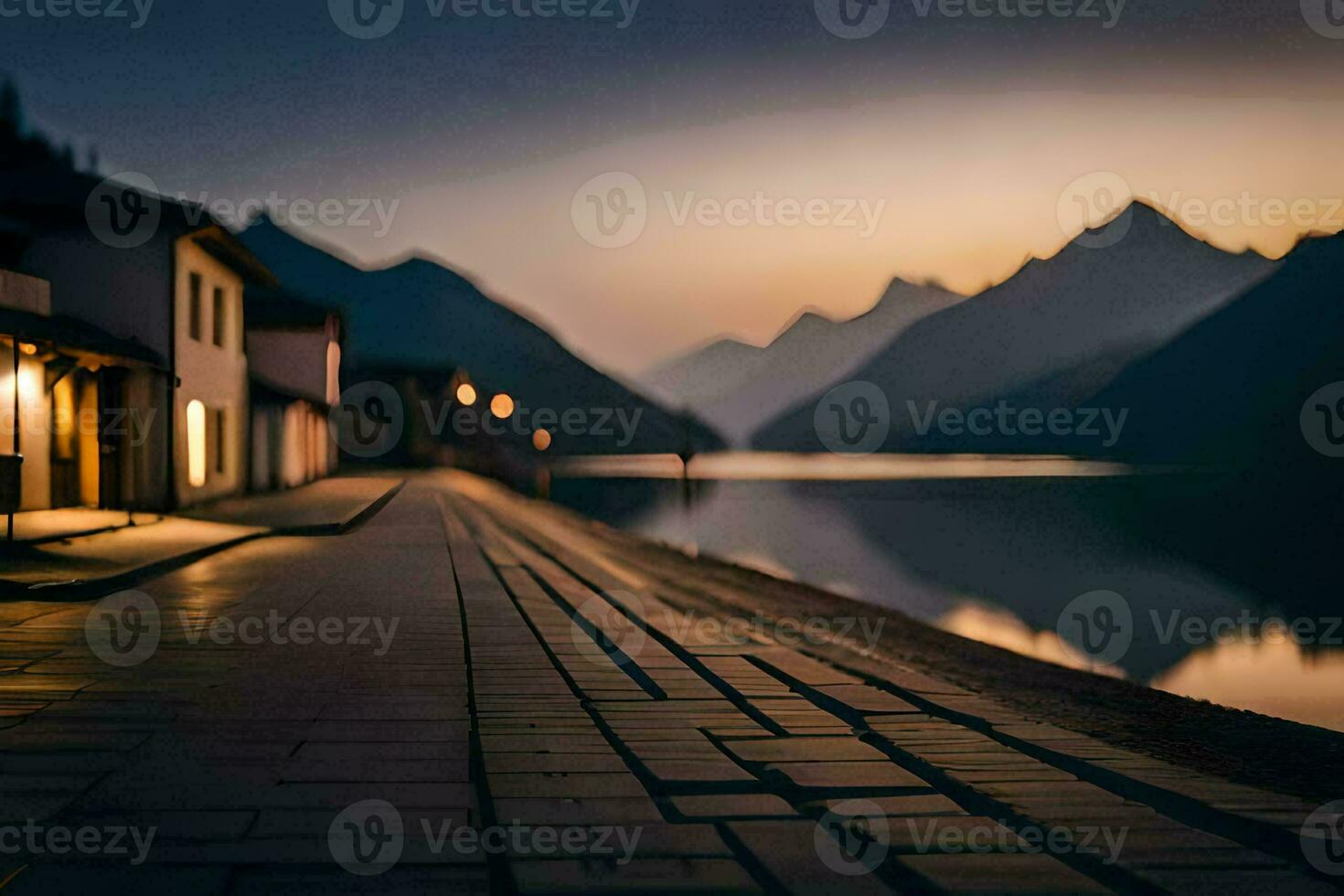a street in front of a lake at sunset. AI-Generated photo
